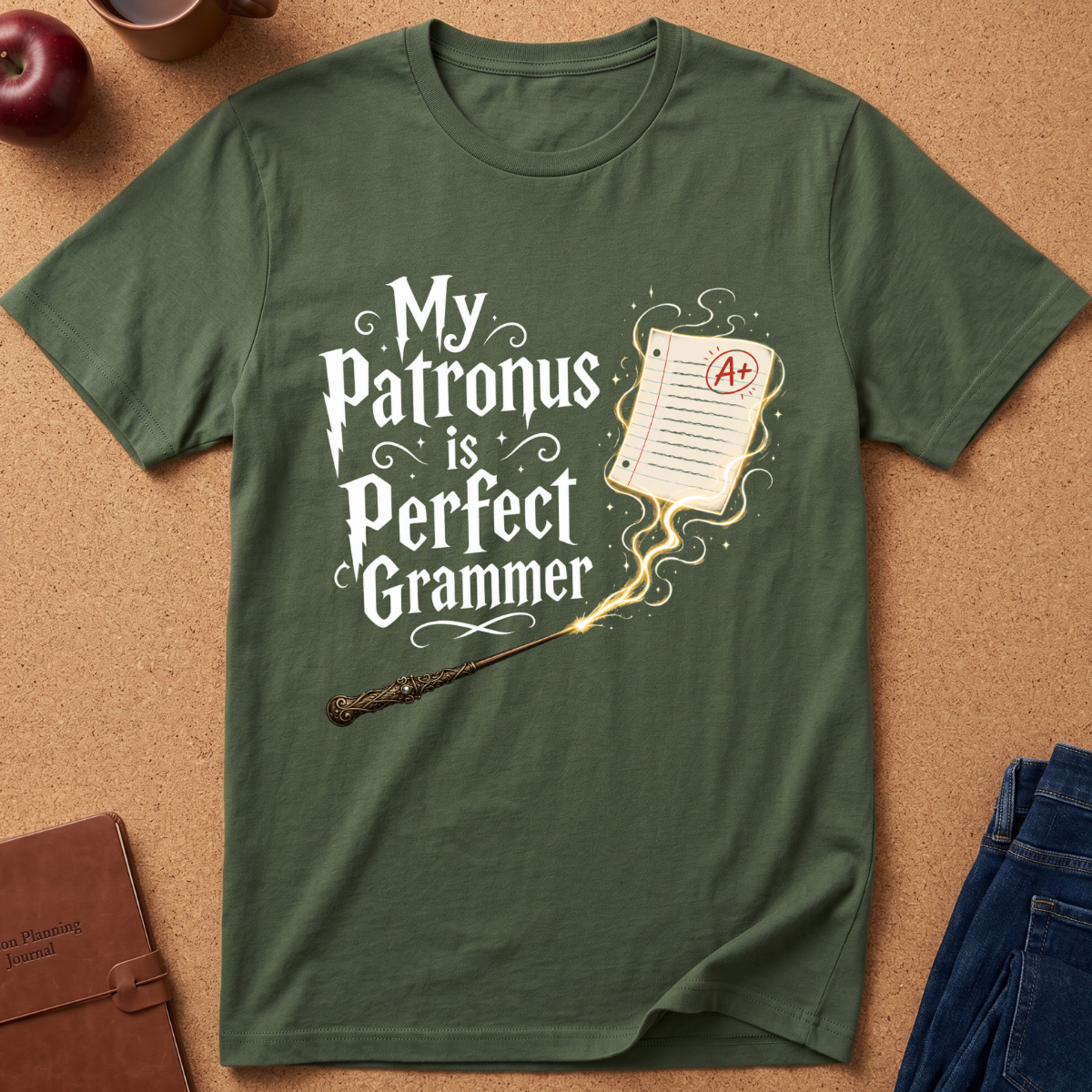 An olive green short-sleeve t-shirt laid flat on a cork background, featuring a white graphic that reads 'My Patronus is Perfect Grammer' with a wand, an A+ report card, and a lightning bolt. Styled flat-lay props include an apple, a brown leather journal, and blue jeans.