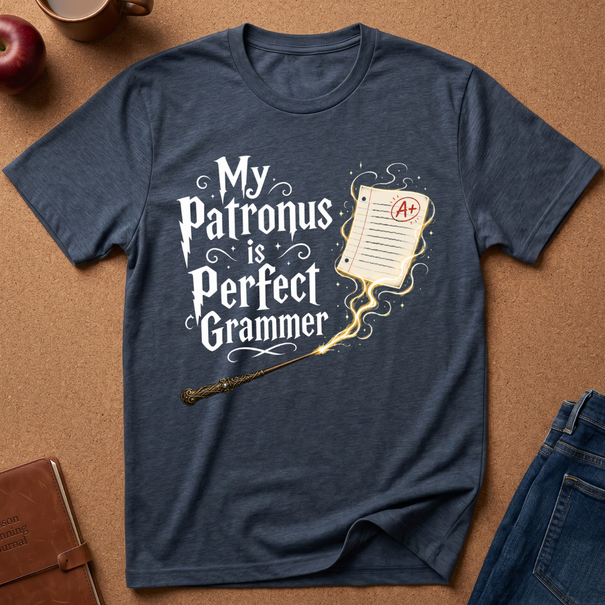 A navy blue graphic t-shirt laid flat on a brown cork background, featuring the text 'My Patronus is Perfect Grammer' in white with a lightning bolt, a glowing A+ report card, and a wand illustration. Styled flat-lay props include an apple, mug, notebook, and jeans.