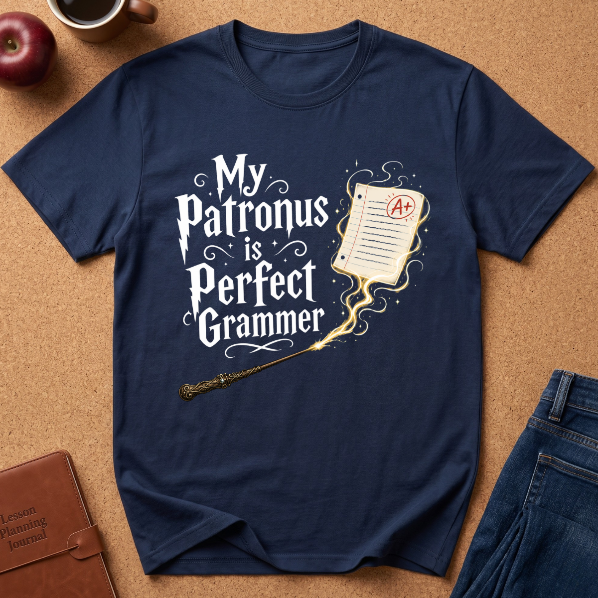 A navy blue graphic t-shirt laid flat on a cork background, featuring the text 'My Patronus is Perfect Grammer' in white with a wand and an A+ report card illustration. Styled flat-lay props include an apple, a coffee cup, a leather journal, and blue jeans.