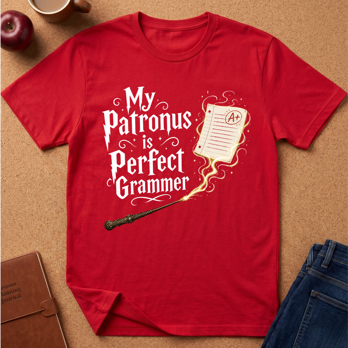 A red short-sleeve graphic T-shirt laid flat on a cork-like surface, featuring the phrase 'My Patronus is Perfect Grammer' in white lettering with a wand and an A+ report card illustration. Styled flat-lay props include a brown notebook, apple, mug, and blue jeans.