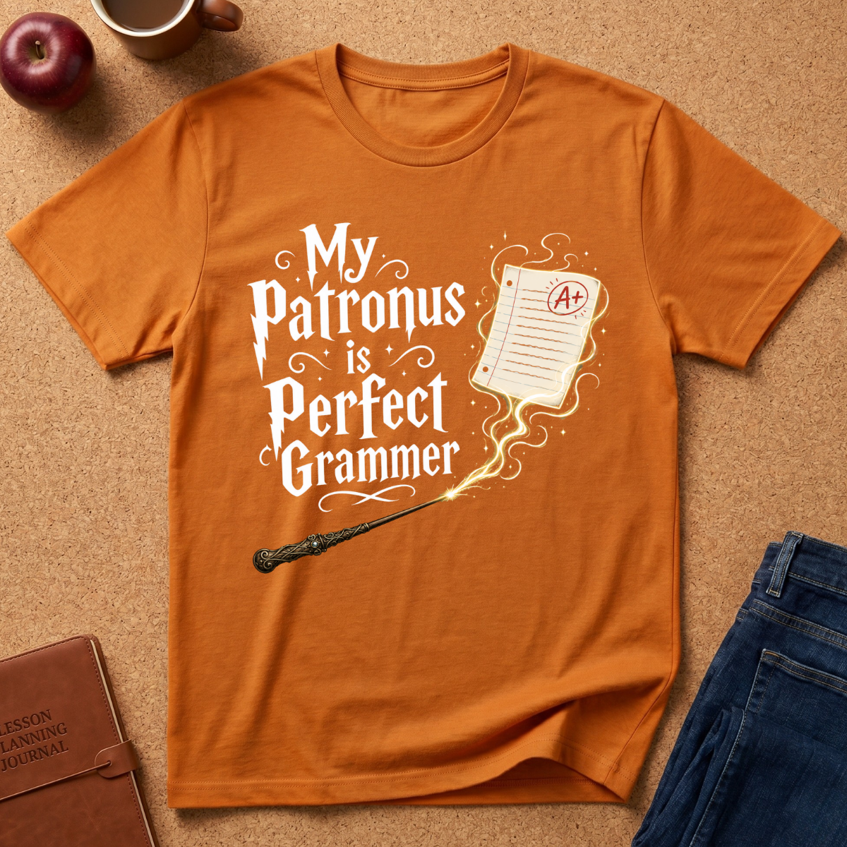 An orange graphic t-shirt laid flat on a cork background, featuring the text 'My Patronus is Perfect Grammer' in white with a wand and A+ paper illustration. Styled flat-lay props include a brown leather journal, a red apple, a mug, and blue jeans.