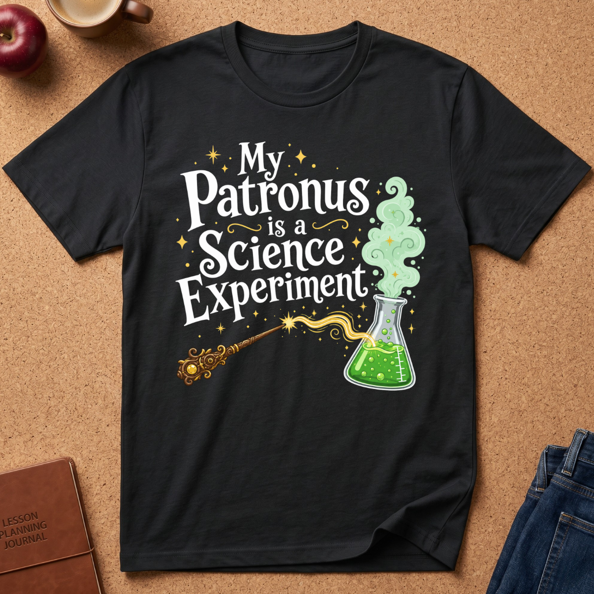 A black graphic t-shirt laid flat on a cork background, featuring the text 'My Patronus is a Science Experiment' in white, with a green potion flask, wand, and sparkles. Styled flat-lay props include an apple, coffee cup, journal, and jeans.
