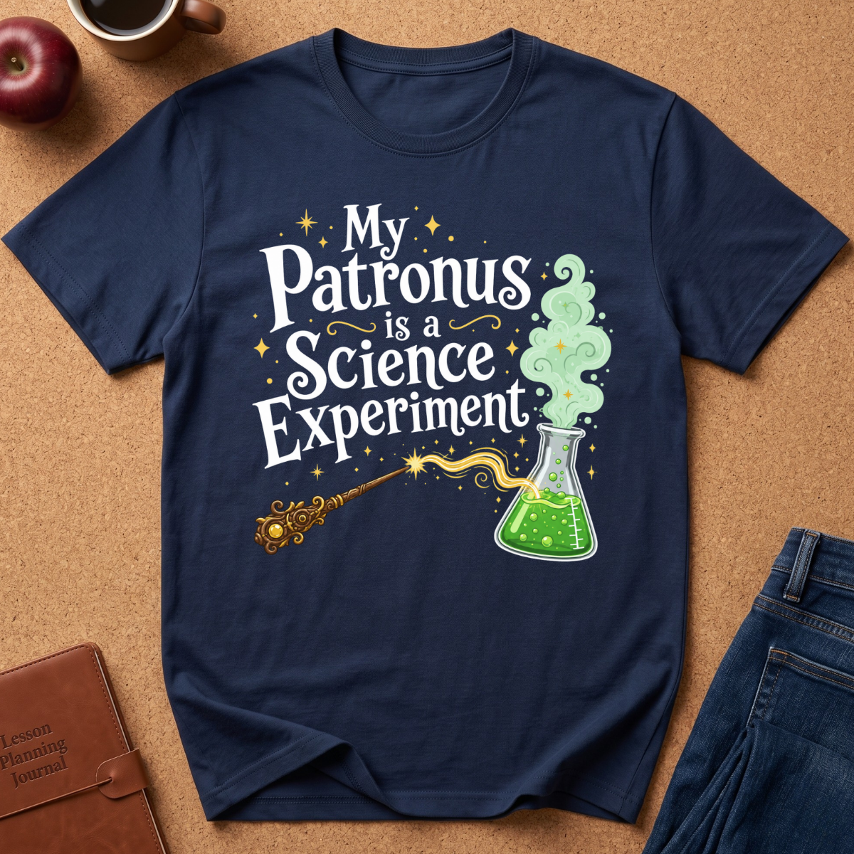 A navy blue graphic t-shirt laid flat on a brown cork board background, featuring the text 'My Patronus is a Science Experiment' in white with gold stars, a green potion flask, and a gold wand illustration. Styled flat-lay props include an apple, a coffee cup, a journal, and jeans.