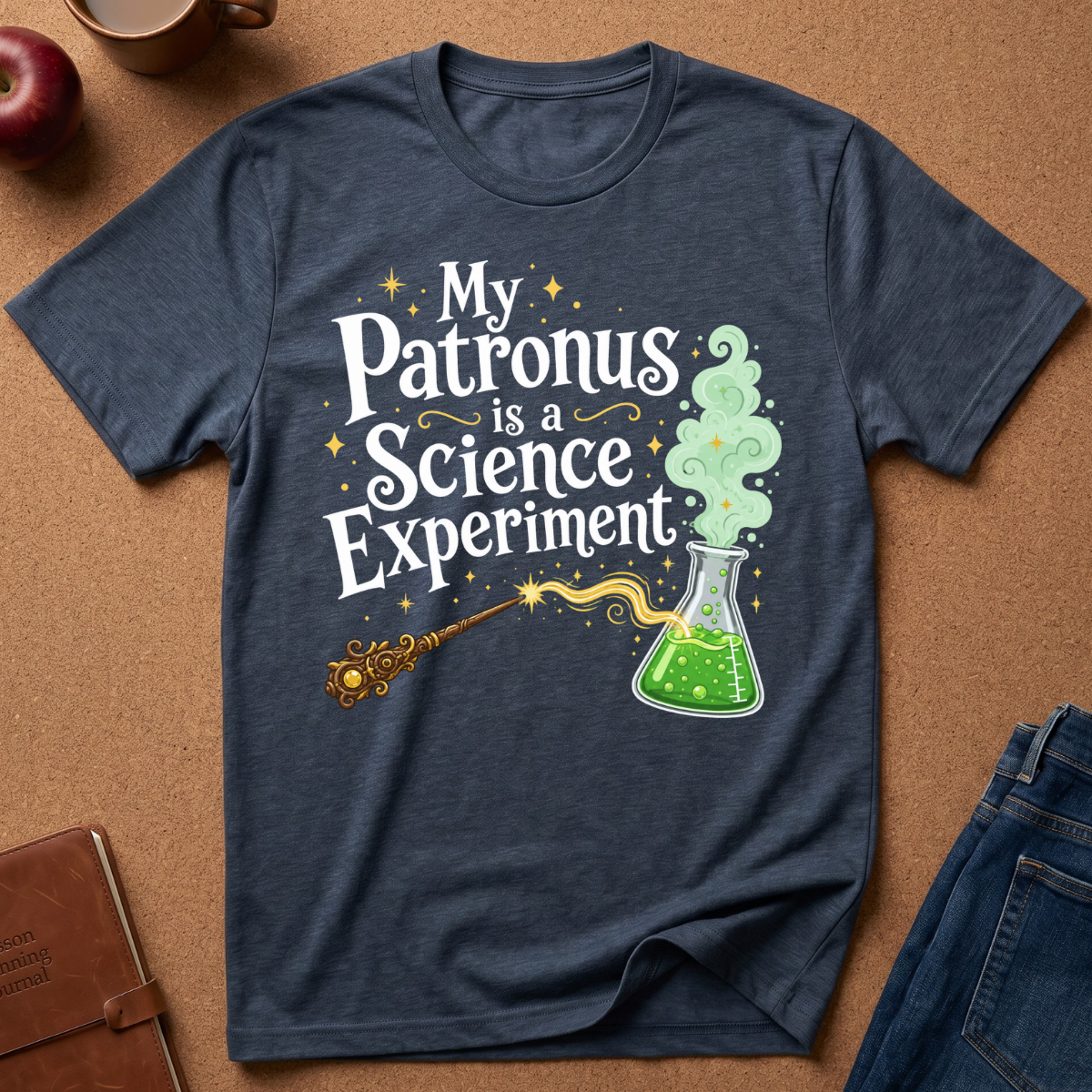 A navy blue graphic t-shirt laid flat on a brown cork background, surrounded by styled props including an apple, a mug, a notebook, and jeans. The t-shirt features a white text graphic reading 'My Patronus is a Science Experiment' alongside an illustration of a green bubbling flask and a gold wand.