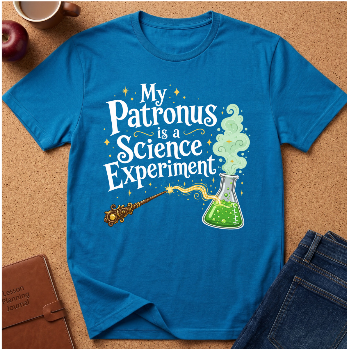 A bright blue graphic T-shirt laid flat on a cork surface, surrounded by styled props including an apple, a coffee cup, a notebook, and jeans. The shirt features the phrase “My Patronus is a Science Experiment” in large white lettering, with a wand, glowing sparkles, and a green beaker illustration.