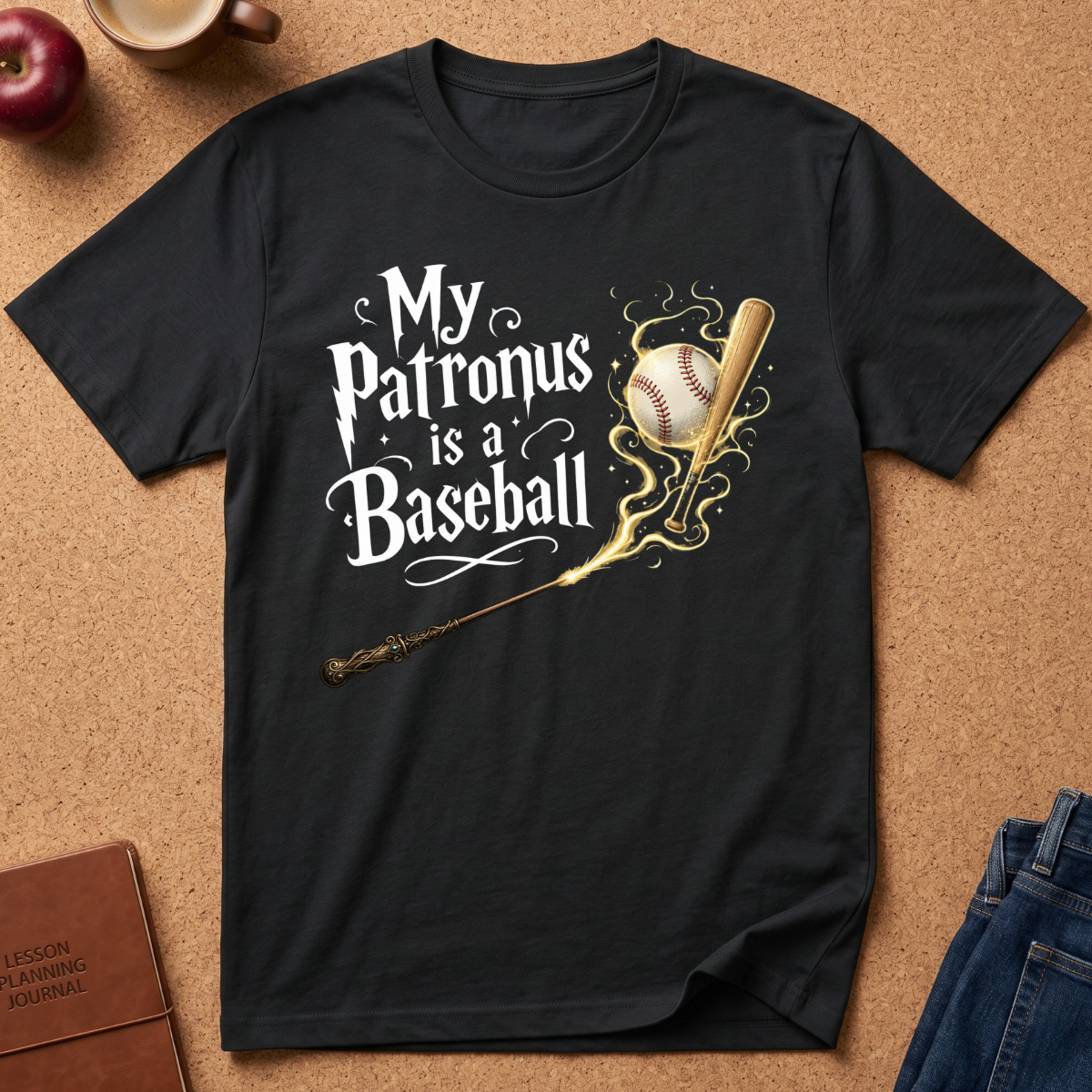 A black short-sleeve graphic T-shirt laid flat on a cork surface, with a baseball-themed print reading 'My Patronus is a Baseball' alongside a bat, baseball, and flame details. Styled flat-lay props include an apple, mug, journal, and jeans around the shirt.