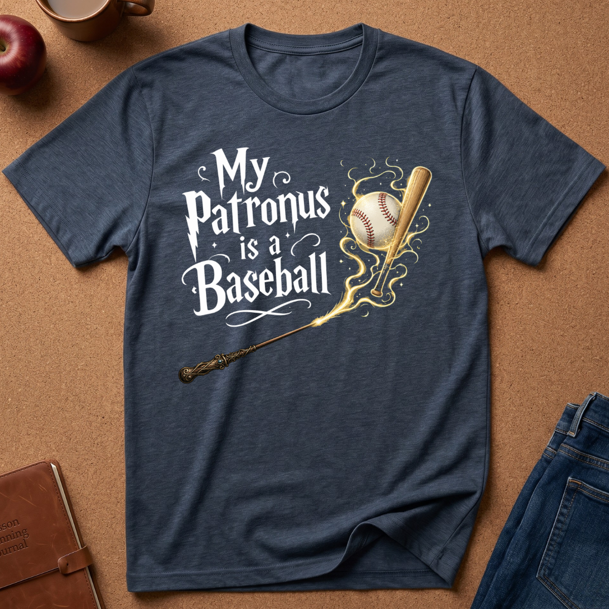 A navy blue heather graphic t-shirt laid flat on a brown corkboard background, surrounded by lifestyle props like a leather notebook, an apple, a mug, and folded blue jeans. The t-shirt features a graphic print of the text 'My Patronus is a Baseball' in white script, accompanied by a glowing gold baseball bat and baseball.