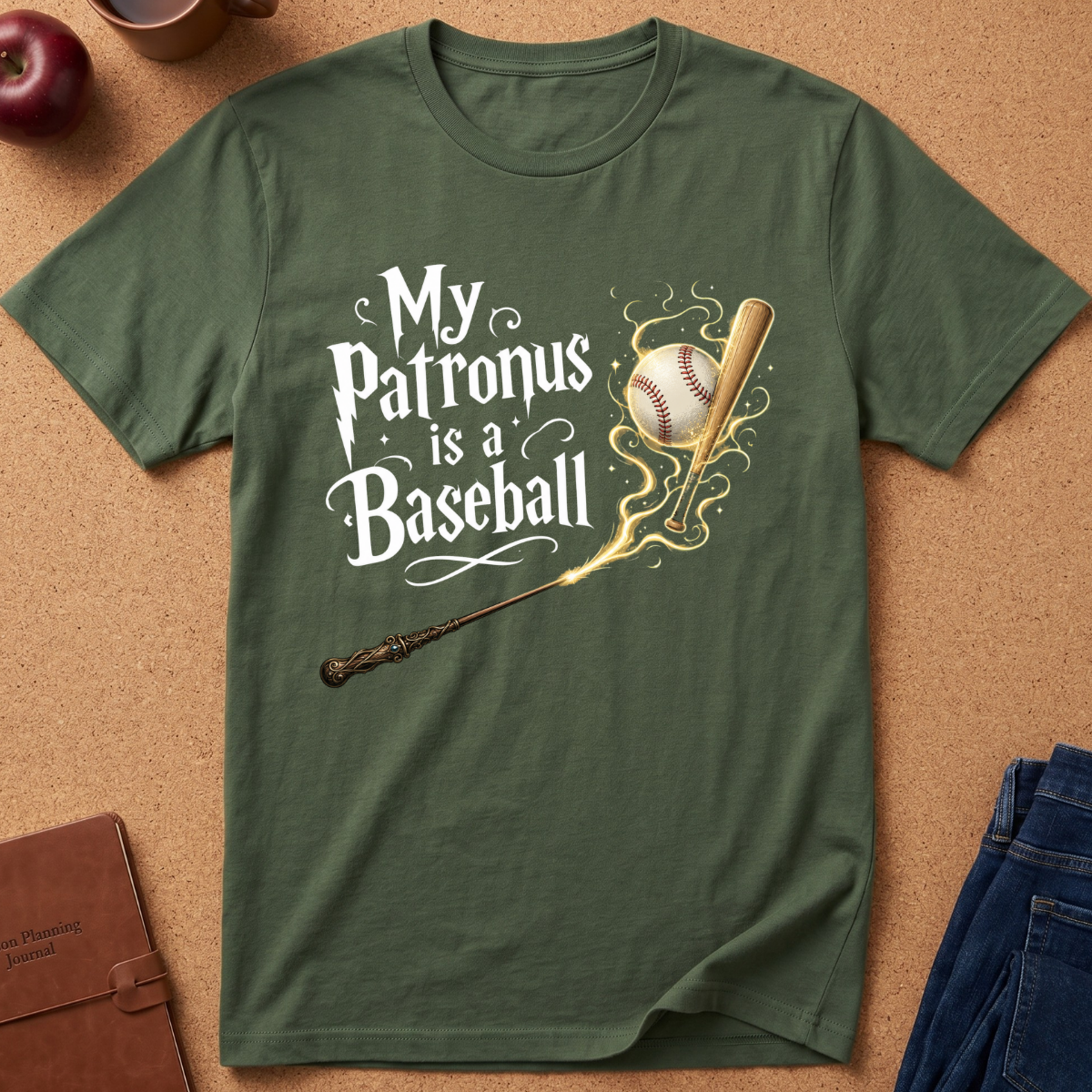 An olive green short-sleeve t-shirt laid flat on a cork background, featuring a graphic print that reads 'My Patronus is a Baseball' in white script, accompanied by a baseball, bat, wand, and gold swirls.