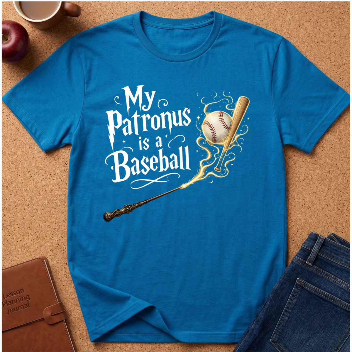 A bright blue graphic T-shirt laid flat on a cork surface, featuring the phrase 'My Patronus is a Baseball' in white script with a baseball, bat, wand, and flame design. Surrounding props include an apple, coffee cup, notebook, and jeans.