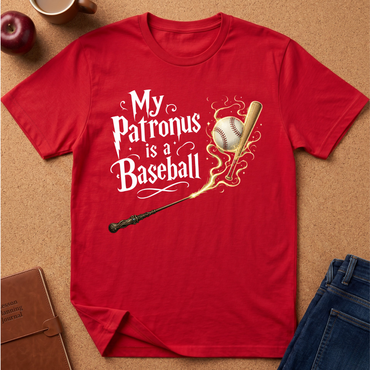 A red short-sleeve graphic T-shirt laid flat on a cork background, featuring the phrase 'My Patronus is a Baseball' in white script with a baseball, bat, wand, and flame illustration. Styled flat-lay props include an apple, mug, notebook, and jeans around the shirt.