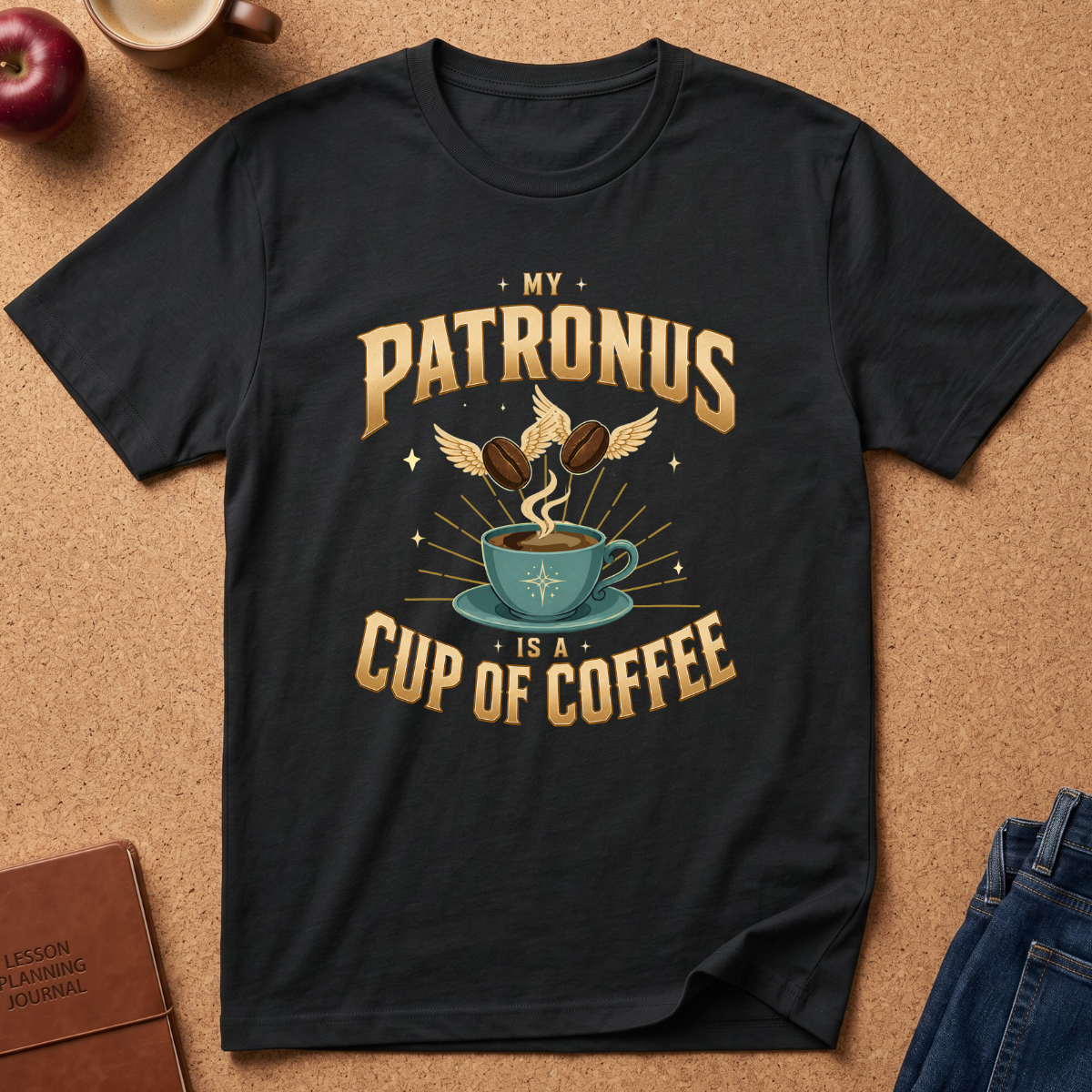 A black graphic t-shirt laid flat on a cork background, featuring a gold and teal design that reads 'MY PATRONUS IS A CUP OF COFFEE' with an illustration of a teacup, coffee beans, and a winged Patronus.