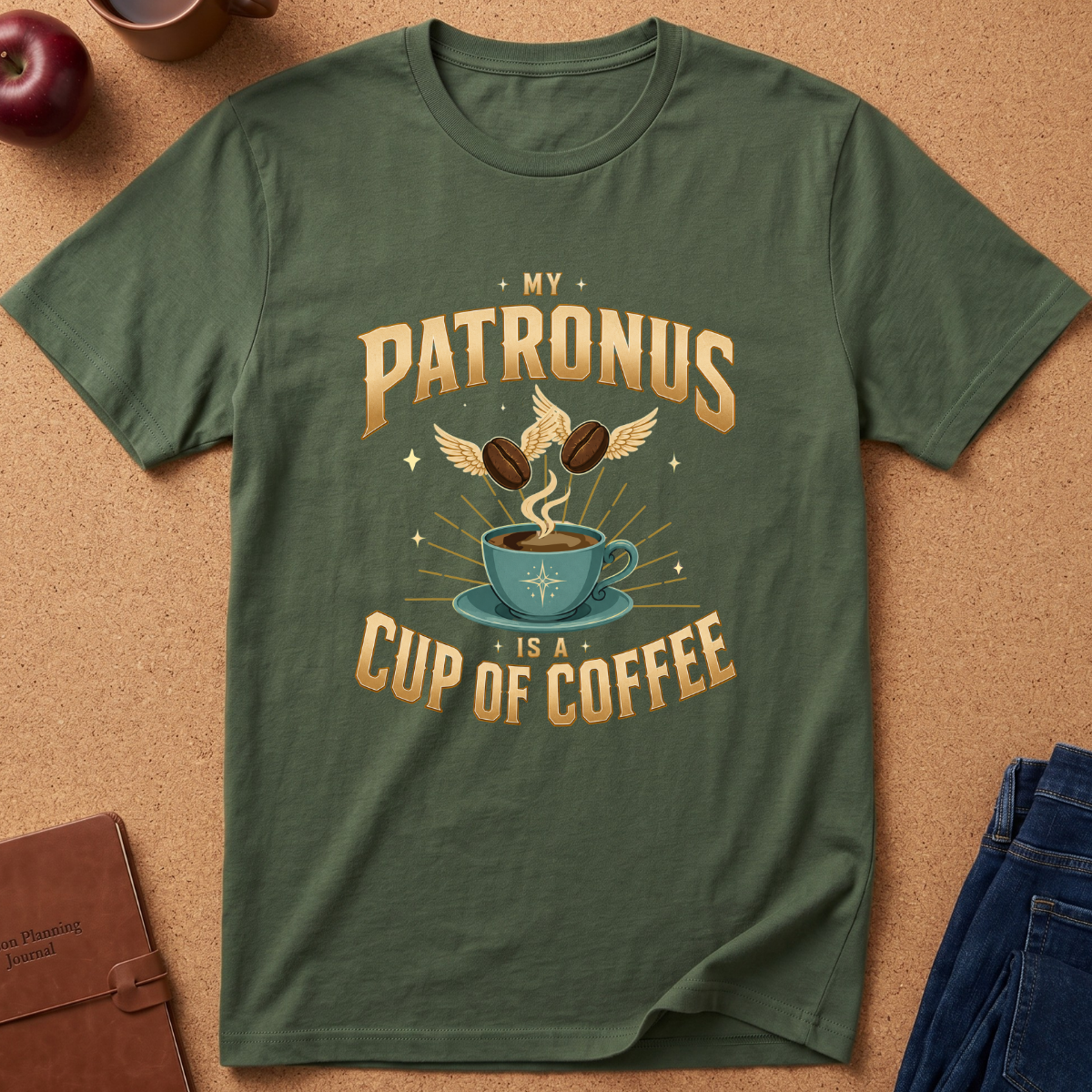 An olive green short-sleeve t-shirt with a graphic print reading 'MY PATRONUS IS A CUP OF COFFEE' in gold lettering, featuring a coffee cup with wings and coffee beans, laid flat on a cork background with a notebook, apple, and jeans nearby.