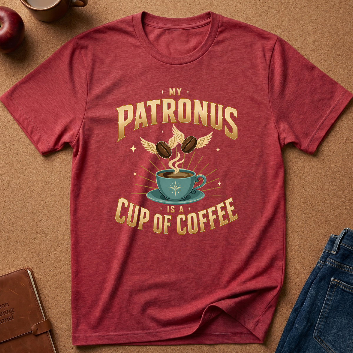 A heathered red graphic t-shirt laid flat on a brown textured surface, featuring a vintage-style print that reads 'MY PATRONUS IS A CUP OF COFFEE' with a teal coffee cup, flying coffee beans, and angel wings. Styled flat-lay props include an apple, a mug, a notebook, and blue jeans.