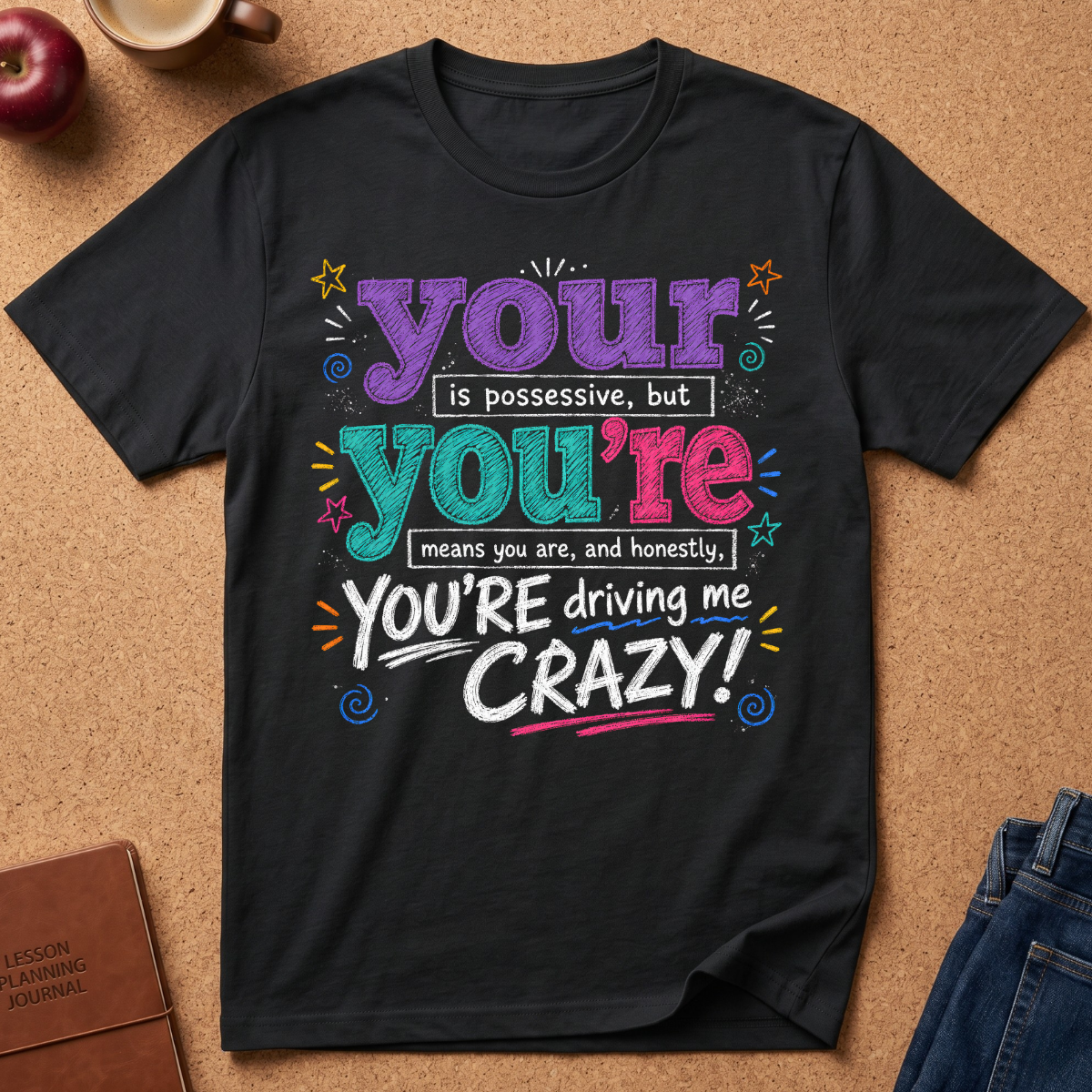 A black graphic t-shirt laid flat on a cork background, featuring a colorful text design that reads 'your is possessive, but you're means you are, and honestly, YOU'RE driving me CRAZY!'.