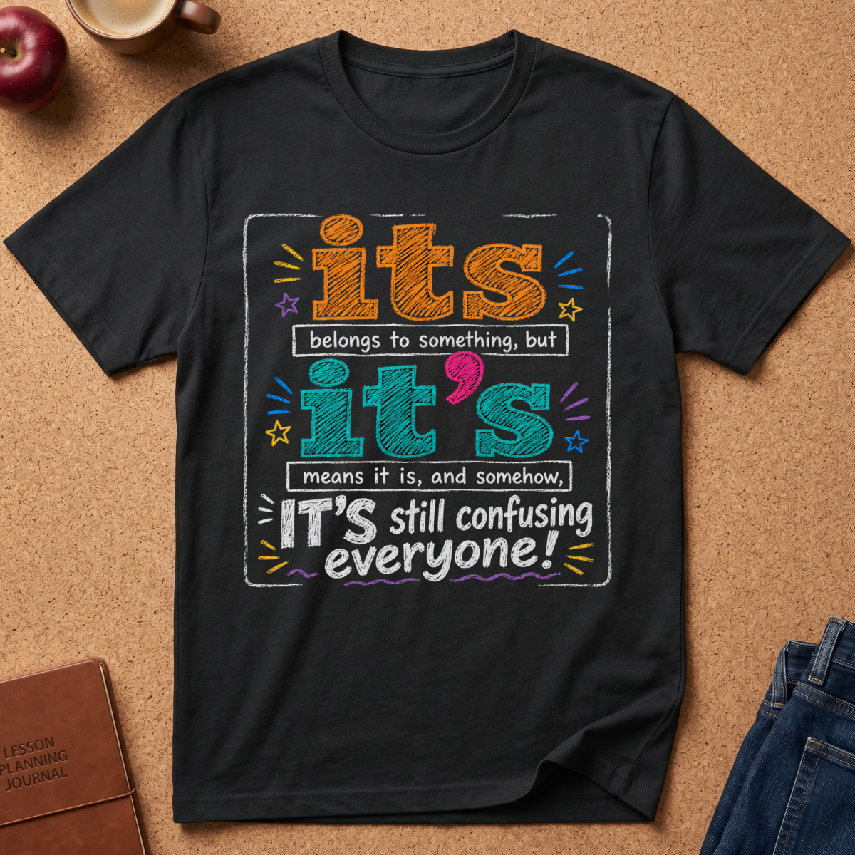 A black graphic t-shirt laid flat on a cork background, featuring a colorful chalk-style text design that reads, 'its belongs to something, but it's means it is, and somehow, IT'S still confusing everyone!'.