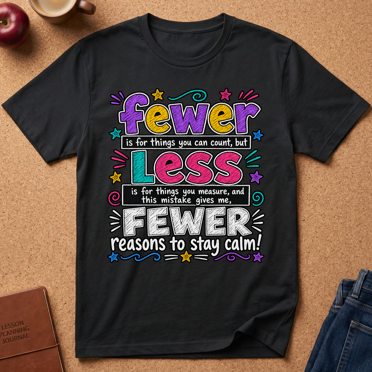 A black graphic t-shirt laid flat on a brown cork background, surrounded by lifestyle props like an apple, a coffee cup, a journal, and jeans. The shirt features a colorful text graphic that reads: 'fewer is for things you can count, but Less is for things you measure, and this mistake gives me, FEWER reasons to stay calm!'.