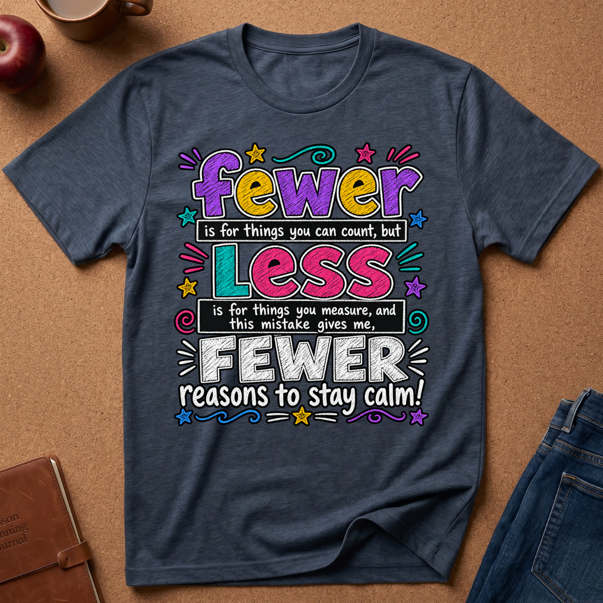 A navy blue graphic t-shirt laid flat on a brown cork background, surrounded by lifestyle props including an apple, a coffee mug, a leather notebook, and blue jeans. The t-shirt features a colorful retro-style text graphic that reads: 'fewer is for things you can count, but Less is for things you measure, and FEVERER reasons to stay calm!'.
