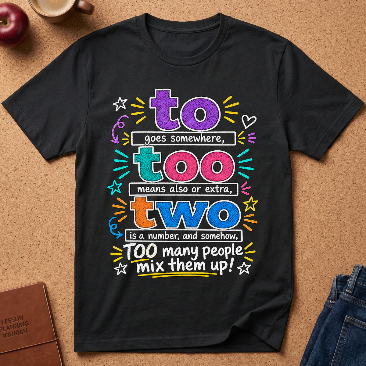 A black graphic t-shirt laid flat on a brown cork background, surrounded by lifestyle props including an apple, a coffee mug, a journal, and jeans. The t-shirt features a colorful text graphic that reads: 'to too means also or extra, two is a number, and somehow, TOO many people mix them up!'.