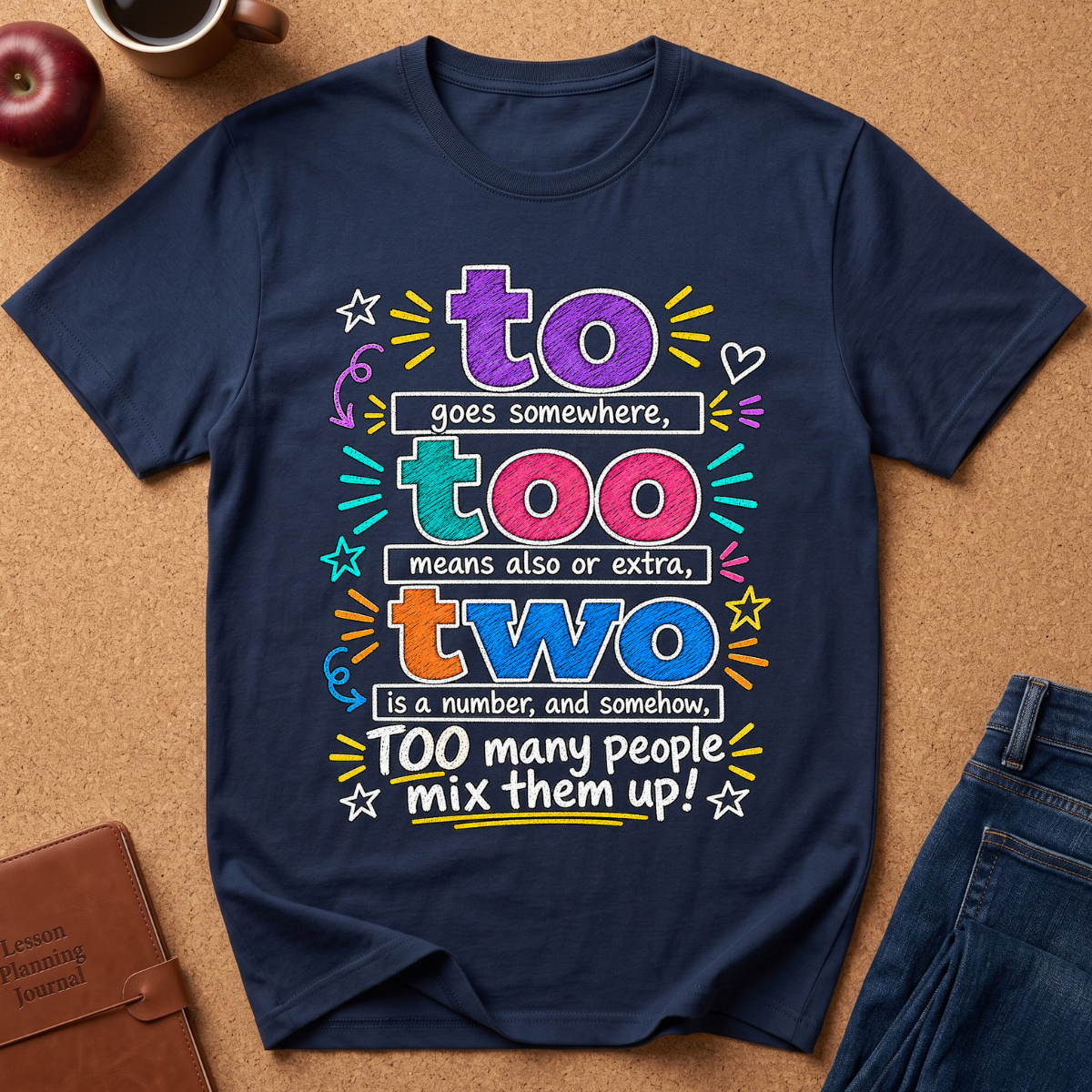 A navy blue graphic t-shirt laid flat on a brown cork background, surrounded by lifestyle props including a coffee cup, an apple, a leather journal, and blue jeans. The t-shirt features a colorful retro-style text graphic that reads: 'to too two TOO many people mix them up!'.