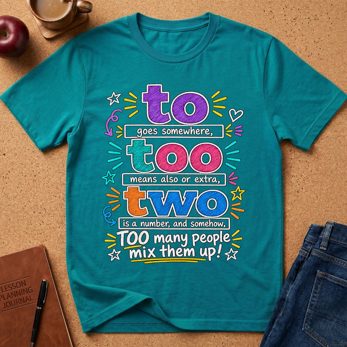 A teal graphic t-shirt laid flat on a cork background with props including an apple, coffee cup, notebook, and jeans. The shirt features a colorful retro-style text graphic that reads: 'to too two is a number, and somehow, TOO many people mix them up!'.