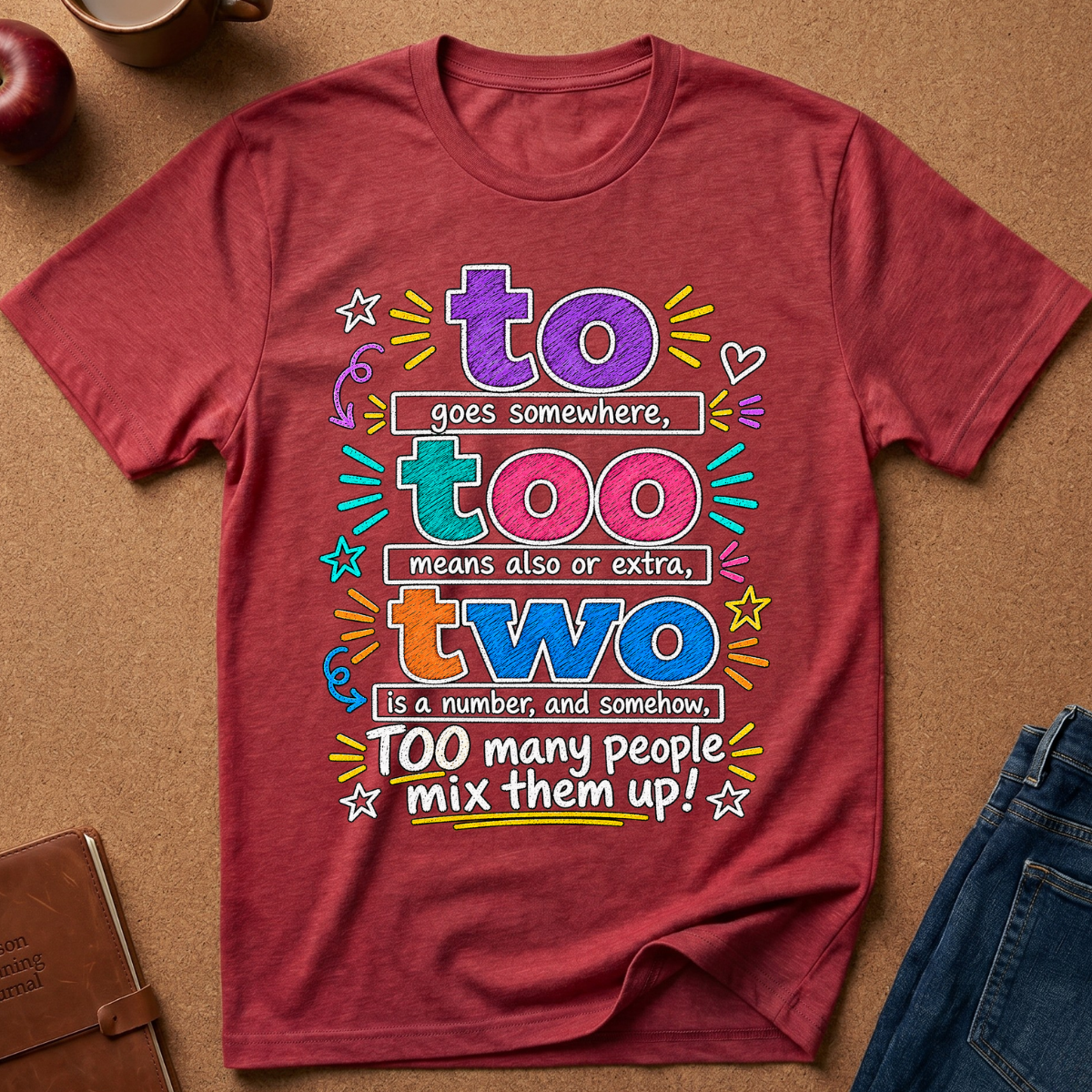 A heathered red graphic t-shirt laid flat on a brown cork background, surrounded by lifestyle props like a coffee cup, an apple, a notebook, and blue jeans. The shirt features a colorful retro-style text graphic that reads: 'to too two TOO many people mix them up!'.