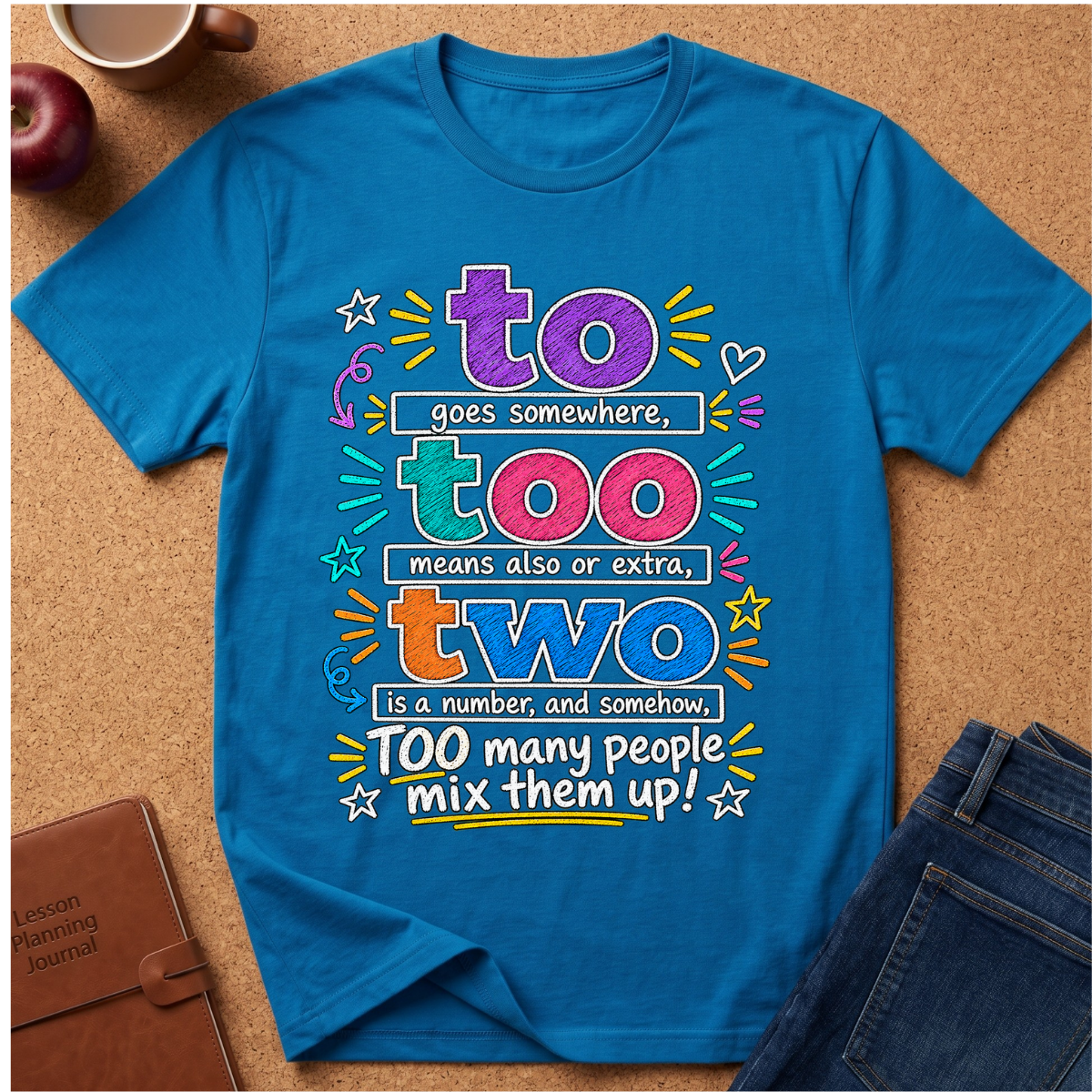 A bright blue graphic T-shirt laid flat on a cork surface, surrounded by small props including an apple, a coffee cup, a journal, and folded jeans. The shirt features a colorful typographic design with the phrase, 'to too means also or extra, two is a number, and somehow, TOO many people mix them up!'.