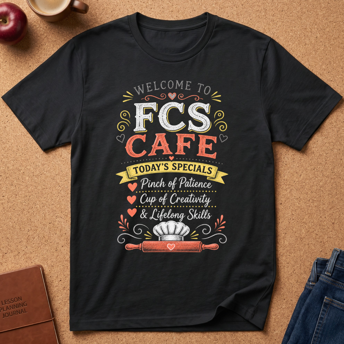 A black graphic t-shirt laid flat on a cork background, featuring a colorful retro-style print that reads 'WELCOME TO FCS CAFE TODAY'S SPECIALS' with decorative text and illustrations. Styled flat-lay props include an apple, a coffee cup, a journal, and jeans.