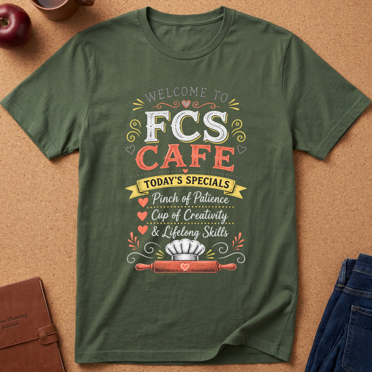 An olive green graphic t-shirt laid flat on a cork background, featuring a colorful 'Welcome to FCS Cafe' print with a rolling pin, chef hat, and decorative text.