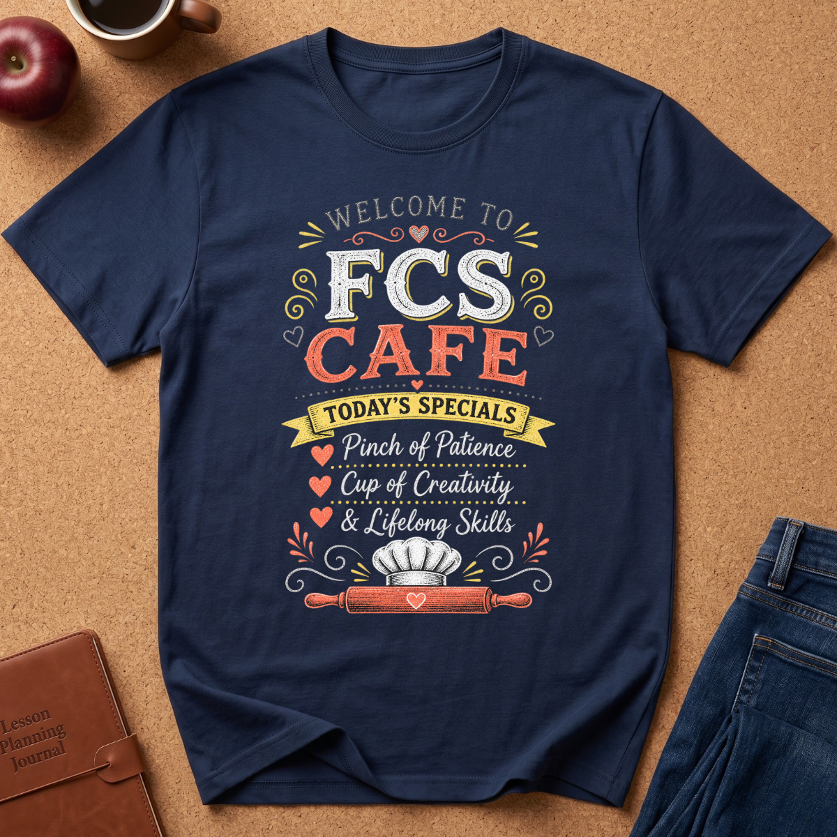 A navy blue graphic t-shirt laid flat on a cork board background, surrounded by lifestyle props including a brown leather journal, a red apple, a coffee mug, and blue jeans. The t-shirt features a colorful graphic that reads 'WELCOME TO FCS CAFE TODAY'S SPECIALS' with decorative elements.