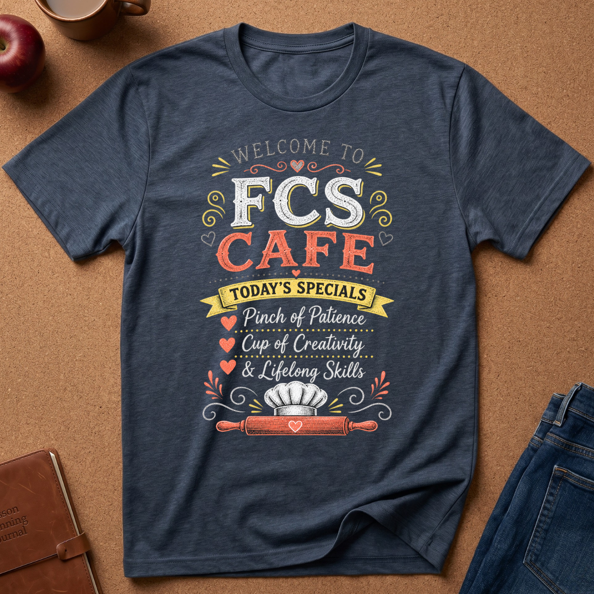 A navy blue graphic t-shirt laid flat on a brown cork background, surrounded by lifestyle props like a leather journal, an apple, a coffee mug, and blue jeans. The t-shirt features a colorful graphic that reads 'WELCOME TO FCS CAFE TODAY'S SPECIALS Pinch of Patience Cup of Creativity & Lifelong Skills' with a chef's hat and rolling pin illustration.