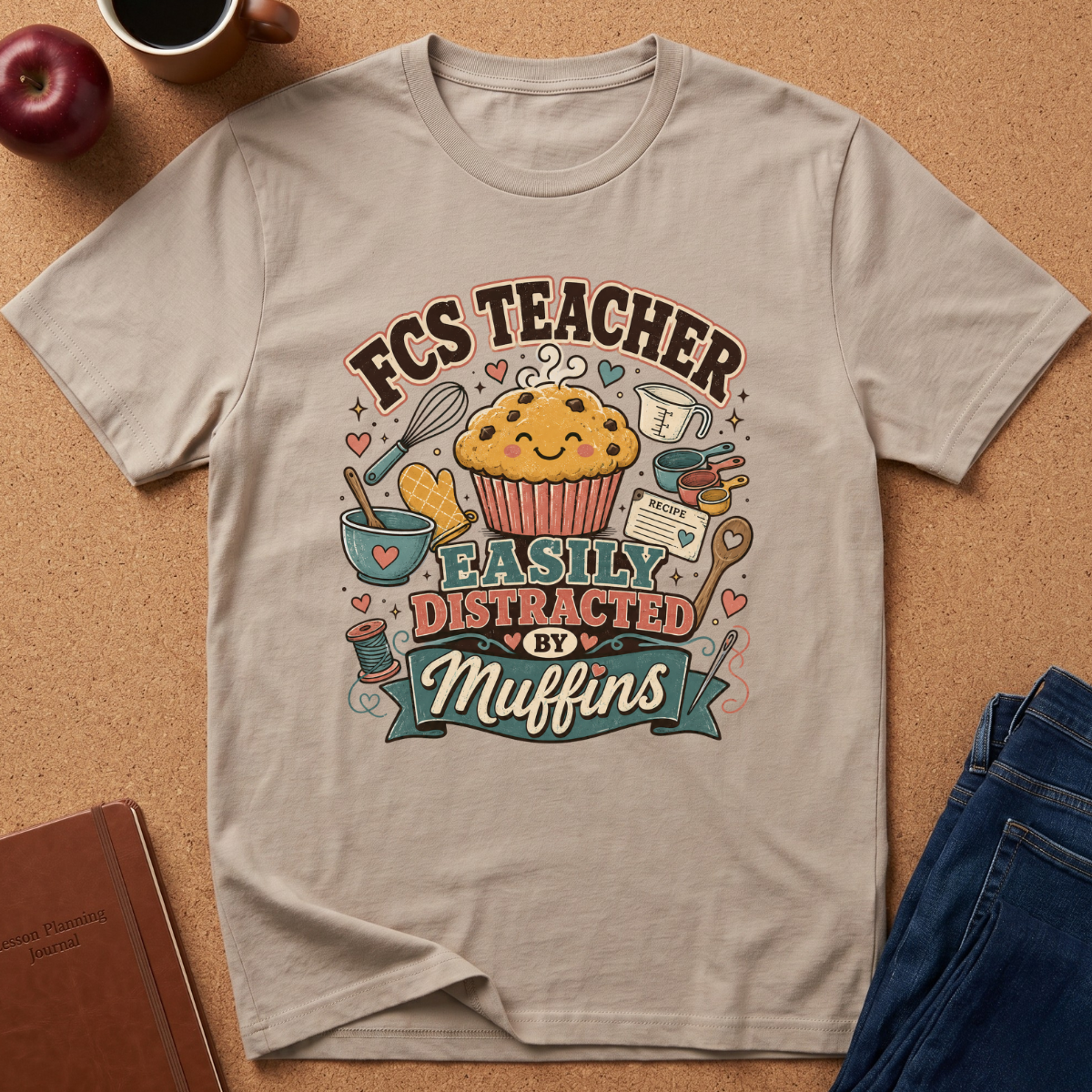 A light beige graphic t-shirt laid flat on a brown cork background, surrounded by lifestyle props including an apple, a coffee cup, a notebook, and blue jeans. The t-shirt features a colorful cartoon graphic of a smiling muffin with baking utensils and the text 'FCS TEACHER EASILY DISTRACTED BY Muffins'.