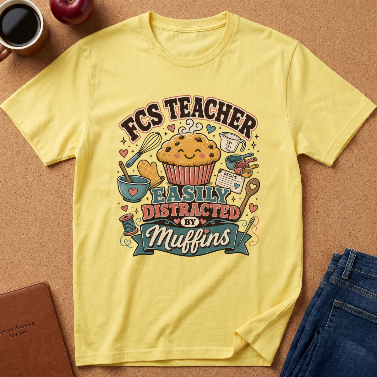 A yellow graphic t-shirt laid flat on a cork background, surrounded by lifestyle props including a coffee mug, an apple, a notebook, and folded blue jeans. The t-shirt features a colorful graphic of a smiling muffin with baking tools and the text 'FCS TEACHER EASILY DISTRACTED BY Muffins'.