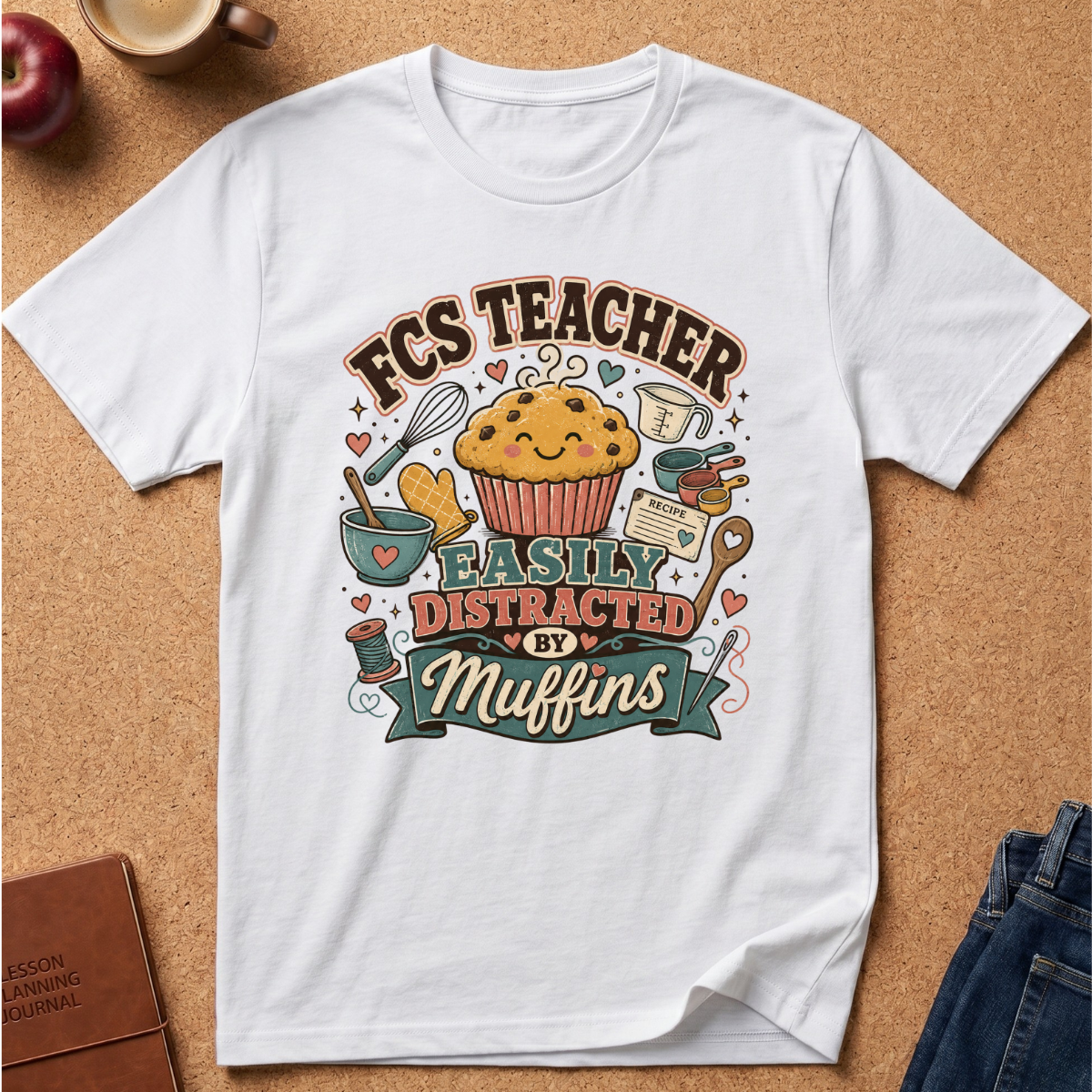 A white short-sleeve graphic T-shirt laid flat on a cork surface, featuring a colorful printed design with a smiling muffin, hearts, baking tools, and the text 'FCS TEACHER EASILY DISTRACTED BY Muffins.' Partial props around the shirt include an apple, a coffee cup, a notebook, and jeans.