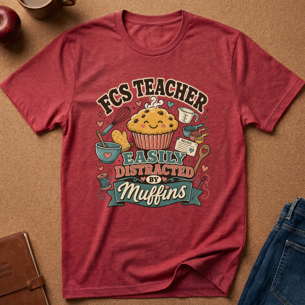 A heathered red graphic t-shirt laid flat on a brown textured background, surrounded by lifestyle props like an apple, a coffee mug, a notebook, and blue jeans. The t-shirt features a colorful graphic of a smiling muffin with the text 'FCS TEACHER EASILY DISTRACTED BY Muffins'.