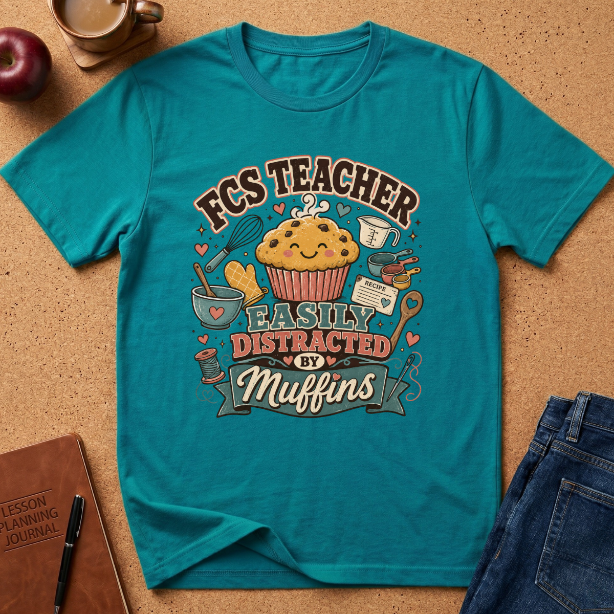 A teal short-sleeve graphic T-shirt laid flat on a cork surface, surrounded by styled props including a coffee cup, apple, notebook, pen, and jeans. The shirt features a large bakery-themed print with the text 'FCS TEACHER EASILY DISTRACTED BY Muffins' and illustrations of a muffin, mixing bowl, whisk, spatula, coffee cup, and heart motifs.
