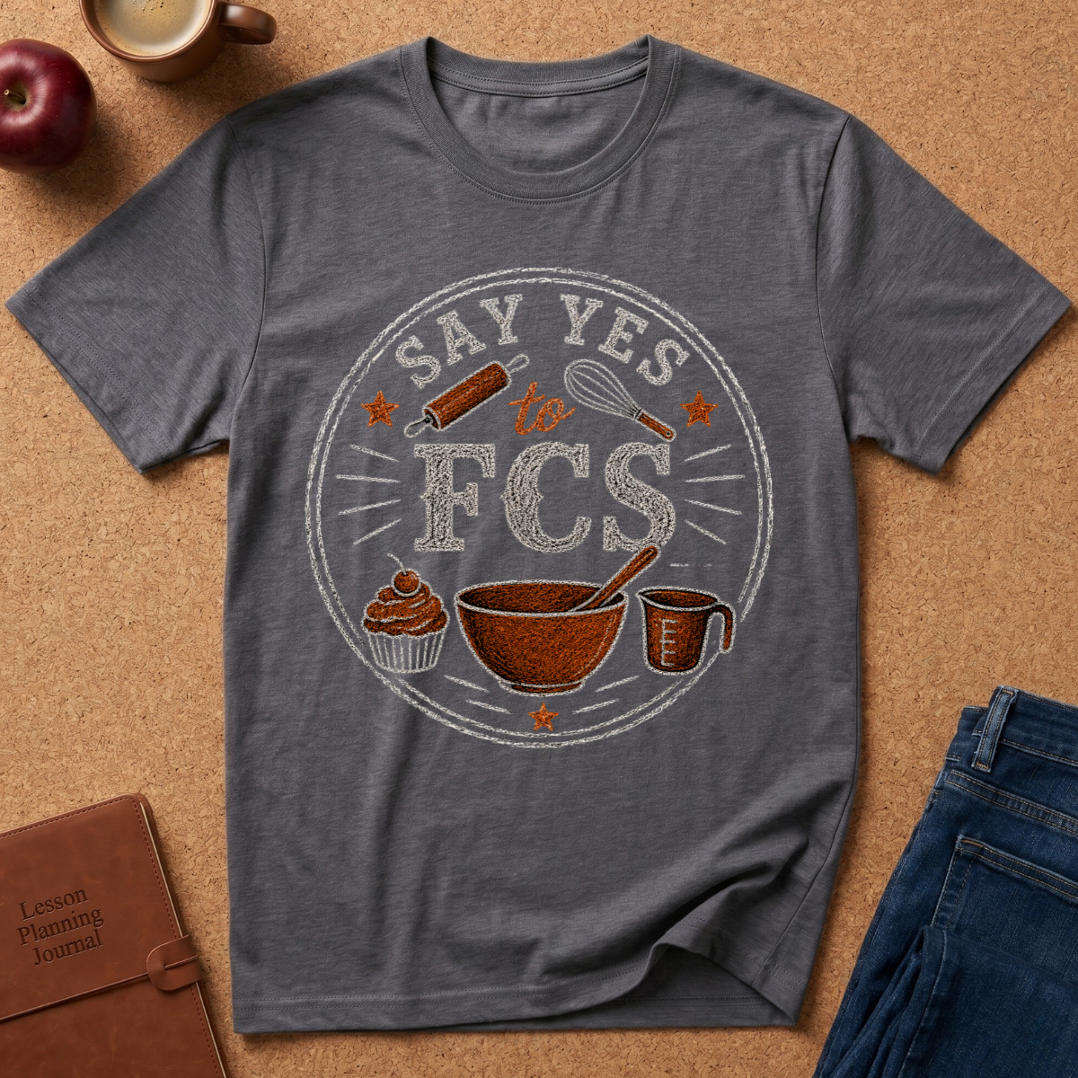 A heather dark gray graphic t-shirt laid flat on a cork background, featuring a circular retro-style print with the words 'SAY YES FCS' and baking-themed illustrations including a cupcake, bowl, measuring cup, whisk, and rolling pin. Styled flat-lay props include an apple, coffee cup, notebook, and jeans.