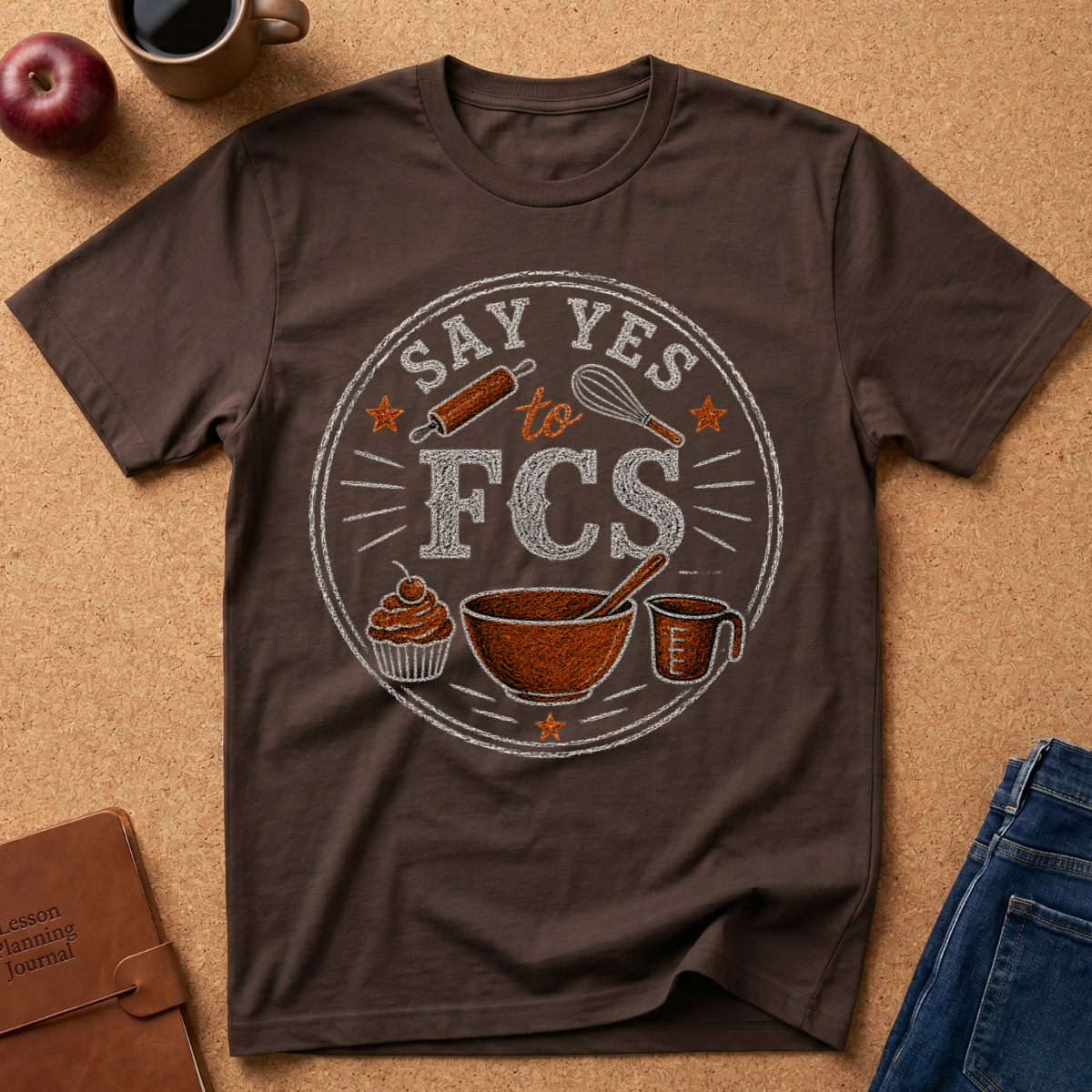 A dark brown graphic t-shirt laid flat on a cork background, surrounded by lifestyle props including an apple, a coffee mug, a notebook, and blue jeans. The t-shirt features a circular graphic that reads 'SAY YES to FCS' in distressed white and orange lettering, accompanied by baking-themed illustrations.