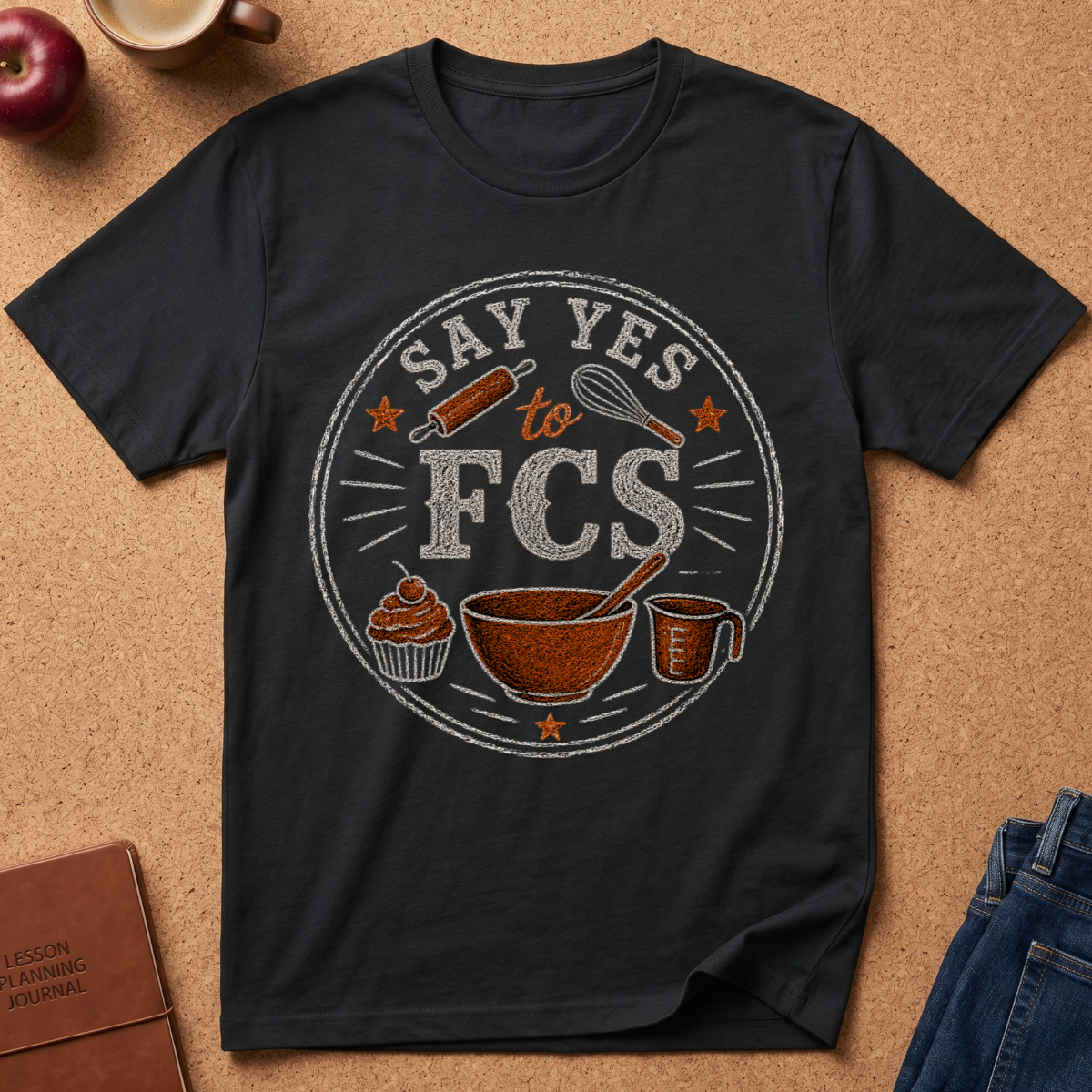 A black short-sleeve graphic T-shirt laid flat on a cork surface, featuring a circular distressed print that reads “SAY YES to FCS” with baking-themed illustrations including a cupcake, bowl, measuring cup, and utensils. Styled flat-lay props include an apple, mug, journal, and jeans around the shirt.