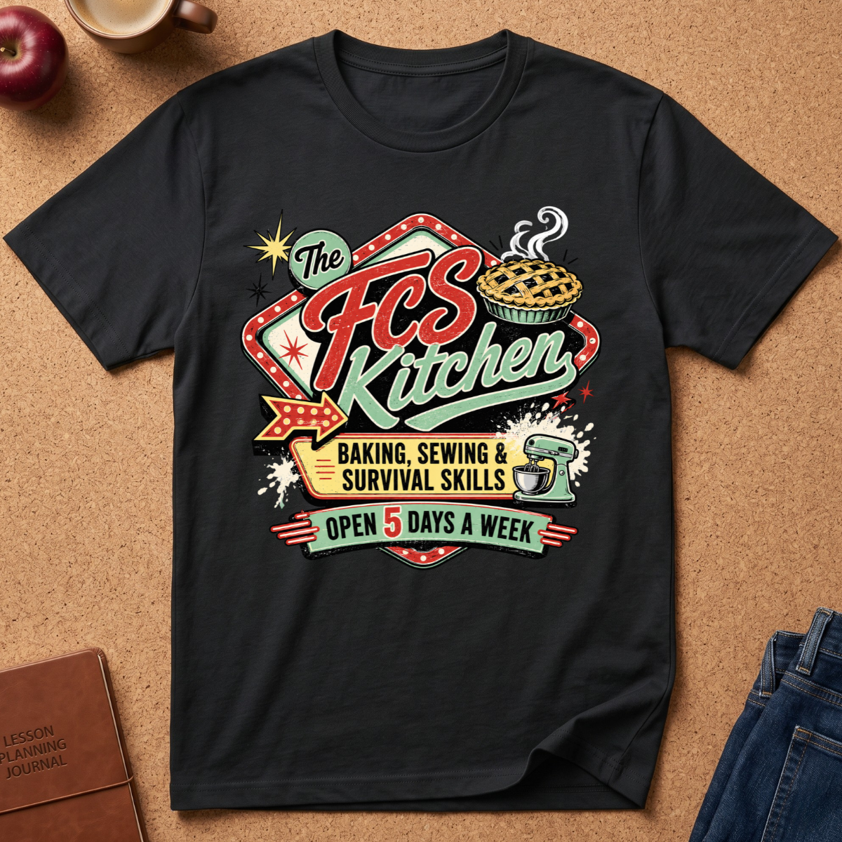 A black graphic t-shirt laid flat on a cork background, featuring a retro-style 'The FCS Kitchen' sign design with a pie, sewing machine, and text reading 'Baking, Sewing & Survival Skills' and 'Open 5 Days a Week'.