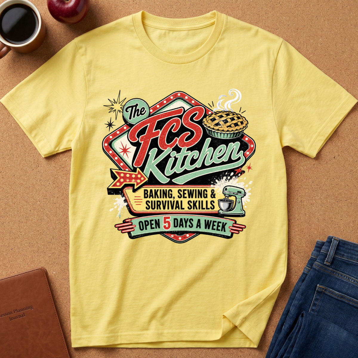 A yellow graphic t-shirt laid flat on a cork background, surrounded by lifestyle props including a coffee mug, an apple, a notebook, and folded blue jeans. The shirt features a retro-style 'The FCS Kitchen' graphic with text reading 'Baking, Sewing & Survival Skills' and 'Open 5 Days a Week'.