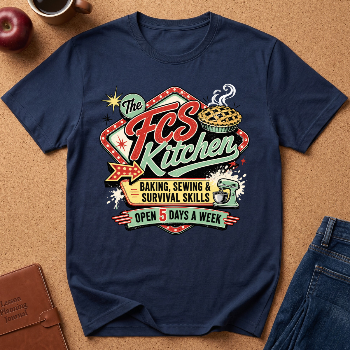 A navy blue graphic t-shirt laid flat on a brown cork board background, surrounded by lifestyle props including a leather journal, an apple, a coffee cup, and blue jeans. The t-shirt features a retro-style kitchen sign graphic with the text 'The FCS Kitchen' and 'Baking, Sewing & Survival Skills'.