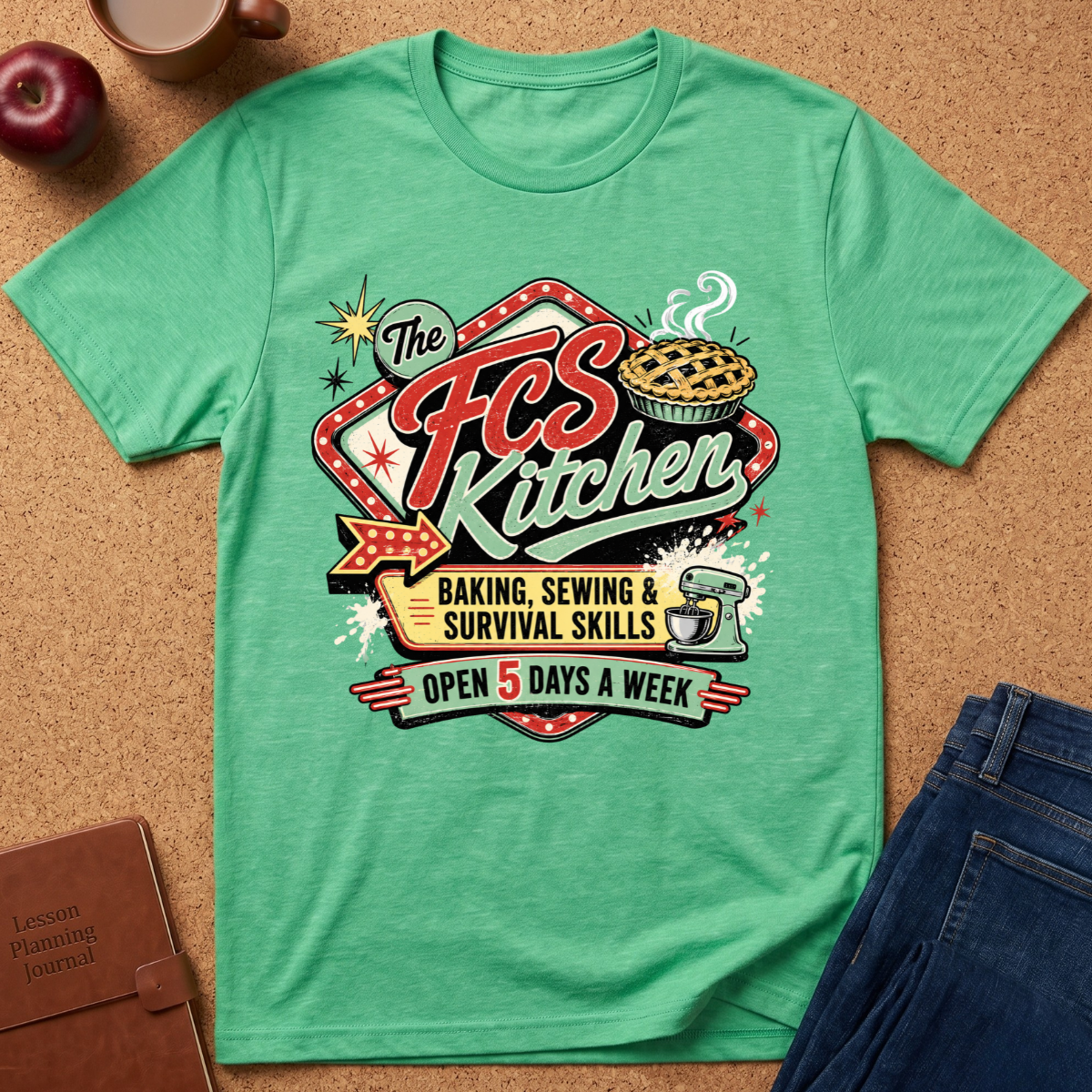 A mint green graphic t-shirt laid flat on a cork background, styled with an apple, coffee cup, brown journal, and blue jeans. The t-shirt features a retro-style graphic for 'The FCS Kitchen' with text reading 'Baking, Sewing & Survival Skills' and 'Open 5 Days a Week'.