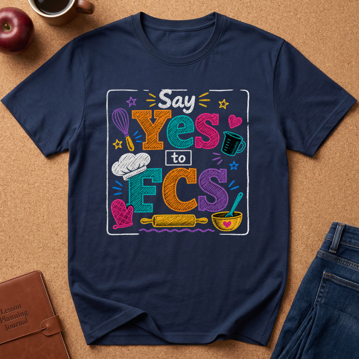 A navy blue graphic t-shirt laid flat on a brown cork board background, surrounded by lifestyle props including an apple, a coffee cup, a leather journal, and the corner of blue jeans. The t-shirt features a colorful, hand-drawn style graphic that reads 'Say Yes to ECS' with various kitchen-themed doodles.