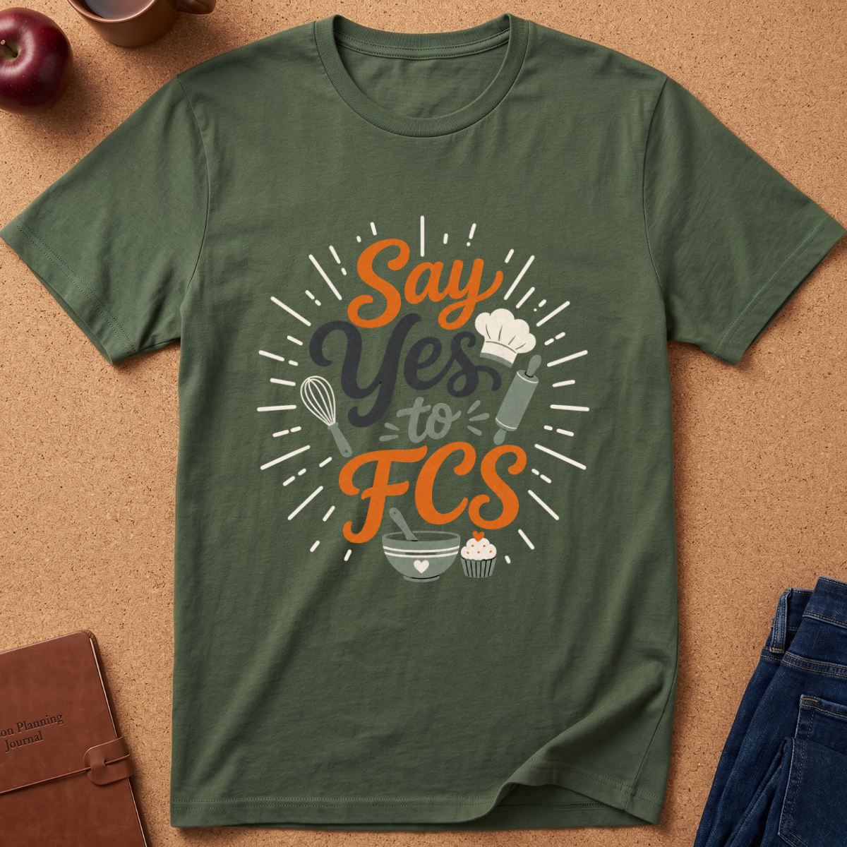 An olive green short-sleeve t-shirt laid flat on a cork background, featuring a graphic that reads 'Say Yes to FCS' in orange and dark gray lettering with baking-themed illustrations including a whisk, spatula, mixing bowl, cupcake, and chef hat.