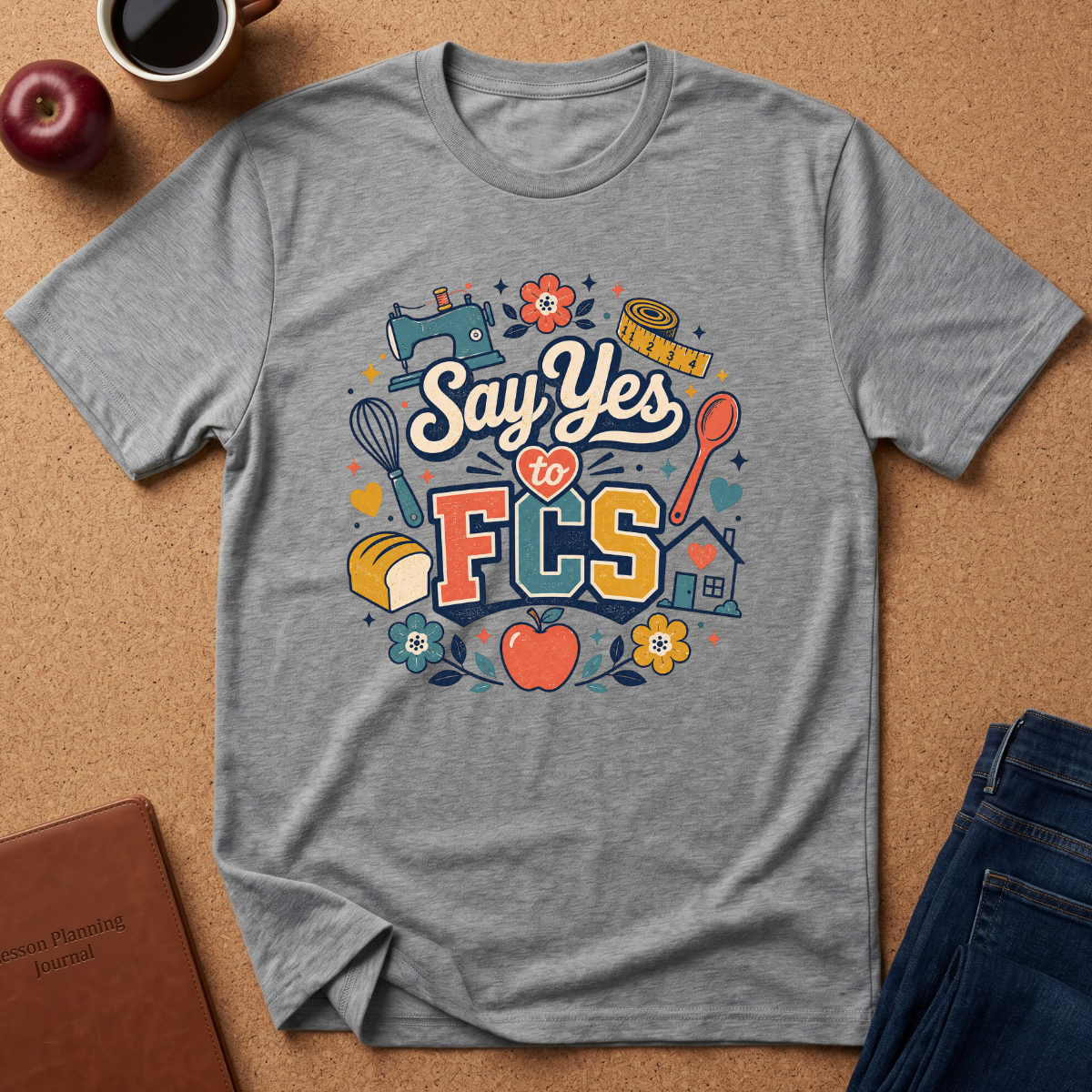 A heather gray short-sleeve t-shirt laid flat on a cork background, featuring a colorful graphic that reads 'Say Yes to FCS' with school-themed illustrations. Styled flat-lay props include an apple, a coffee mug, a notebook, and folded blue jeans.