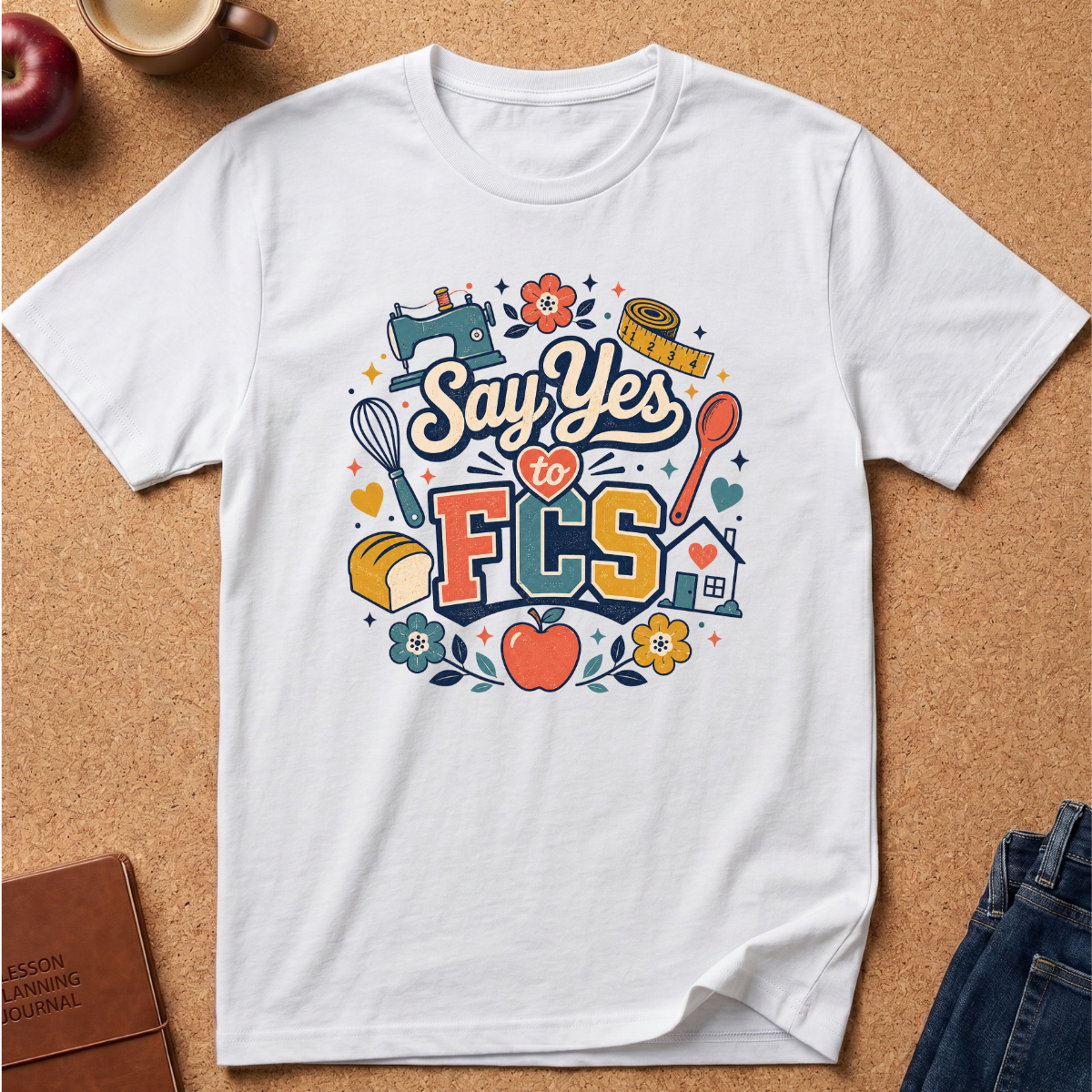A white short-sleeve crewneck t-shirt laid flat on a cork background, featuring a colorful graphic that reads 'Say Yes to FCS' with school-themed illustrations like a sewing machine, apple, heart, and house.