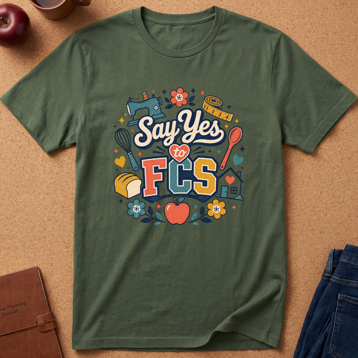 An olive green short-sleeve t-shirt laid flat on a cork background, featuring a colorful retro graphic that reads 'Say Yes to FCS' surrounded by sewing and kitchen-themed illustrations. Styled flat-lay props include an apple, a brown notebook, and blue jeans.