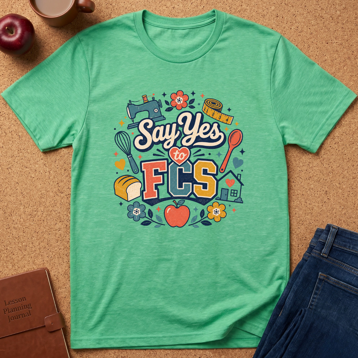 A mint green graphic t-shirt laid flat on a cork background, surrounded by lifestyle props including an apple, a coffee mug, a leather journal, and a pair of blue jeans. The t-shirt features a colorful retro-style graphic that reads 'Say Yes to FCS' with sewing and kitchen-themed illustrations.