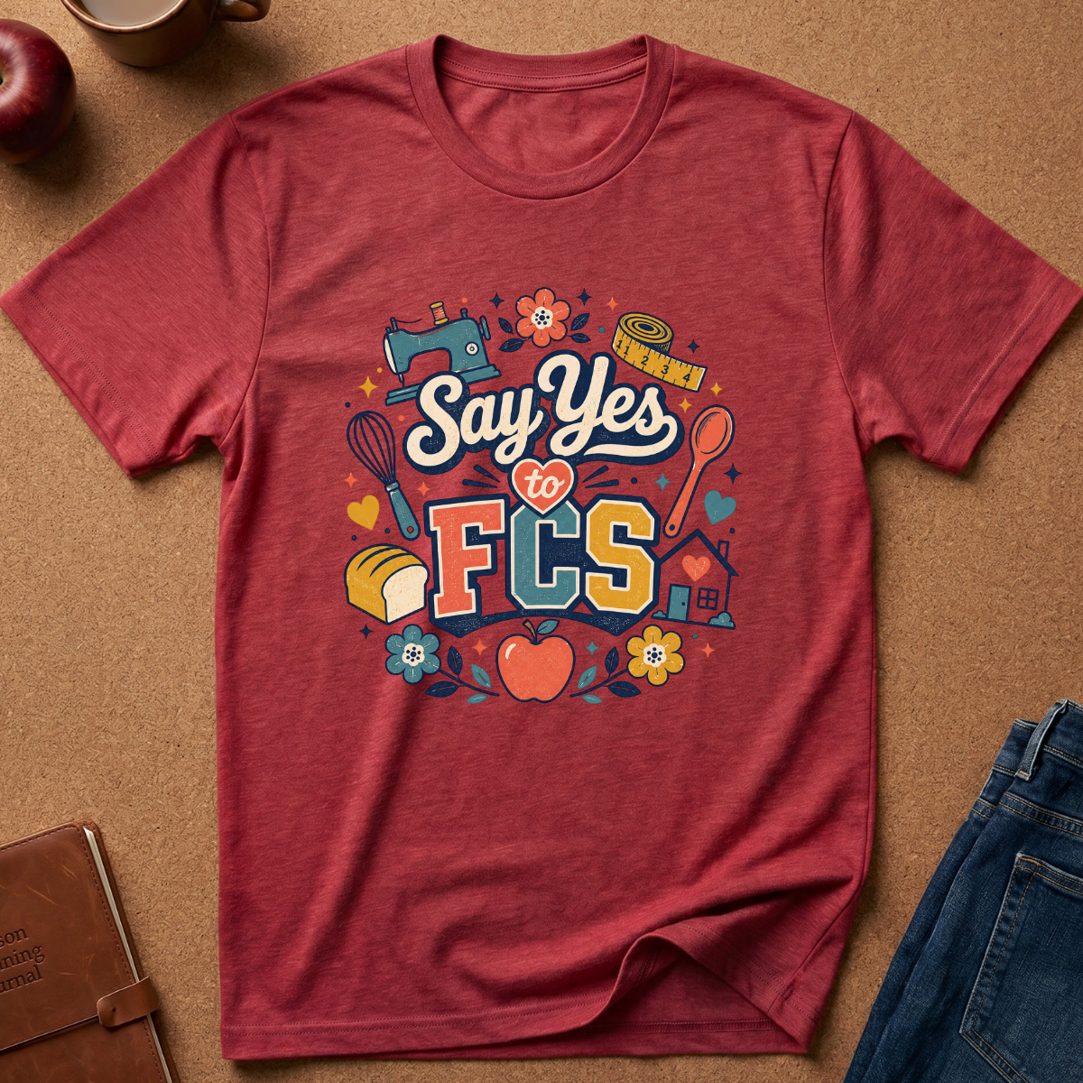 A heathered red graphic t-shirt laid flat on a brown cork background, surrounded by lifestyle props like an apple, a coffee mug, a notebook, and a pair of jeans. The t-shirt features a colorful retro-style graphic that reads 'Say Yes to FCS' with sewing and kitchen-themed illustrations.