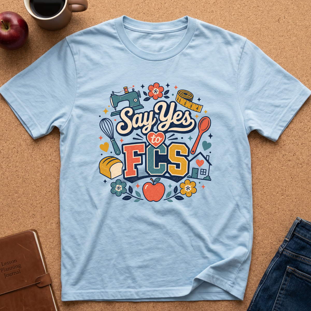 A light blue graphic t-shirt laid flat on a cork background, surrounded by lifestyle props including an apple, a coffee mug, a brown journal, and blue jeans. The t-shirt features a colorful retro-style graphic that reads 'Say Yes to FCS' with illustrations of a sewing machine, whisk, bread, apple, flowers, and a wooden spoon.